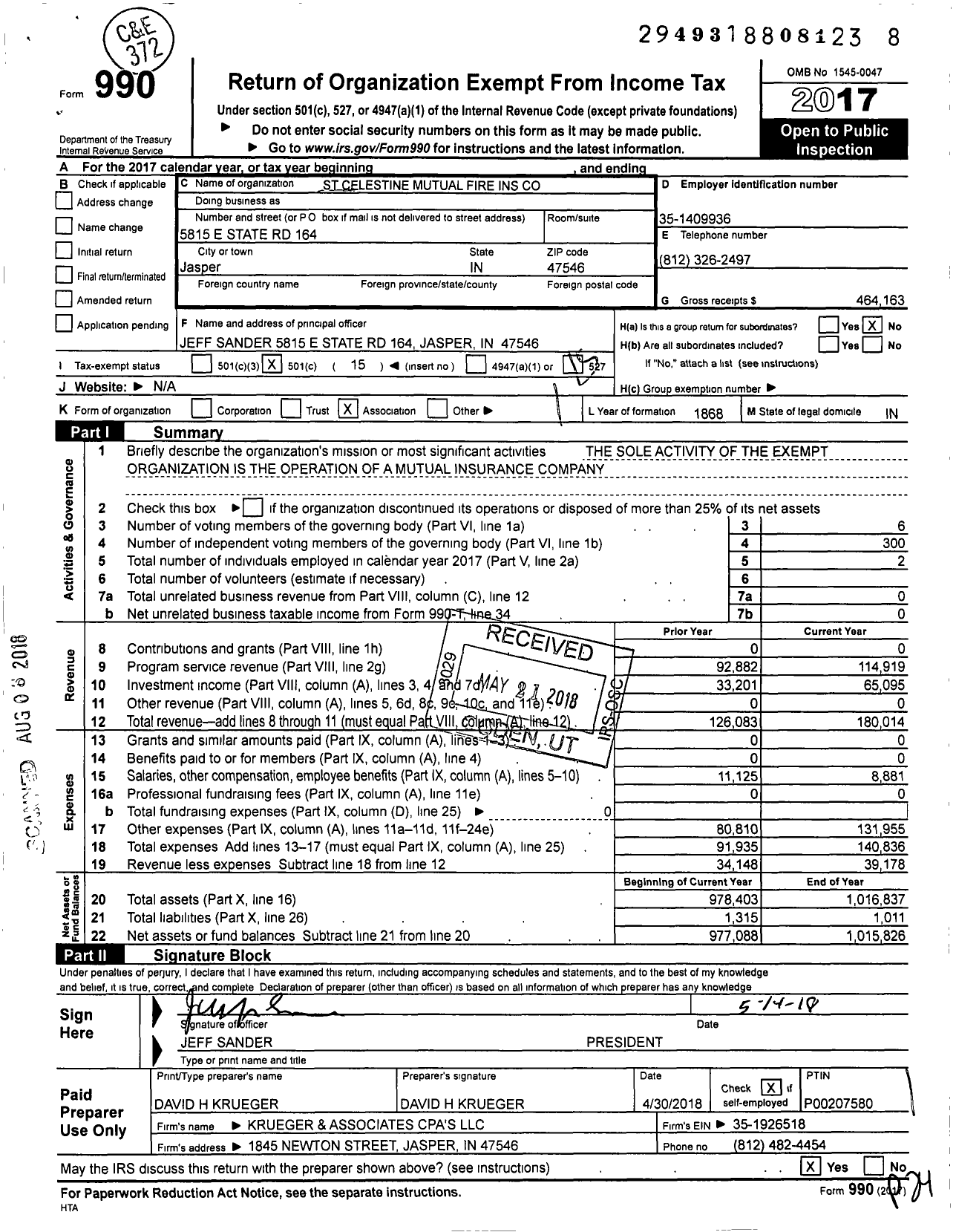 Image of first page of 2017 Form 990O for St Celestine Mutual Fire Ins