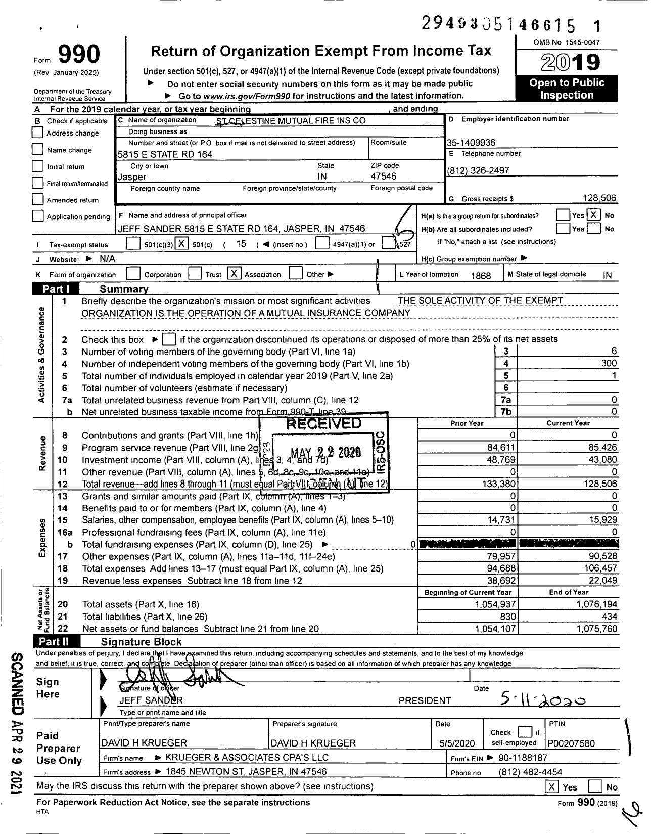 Image of first page of 2019 Form 990O for St Celestine Mutual Fire Ins