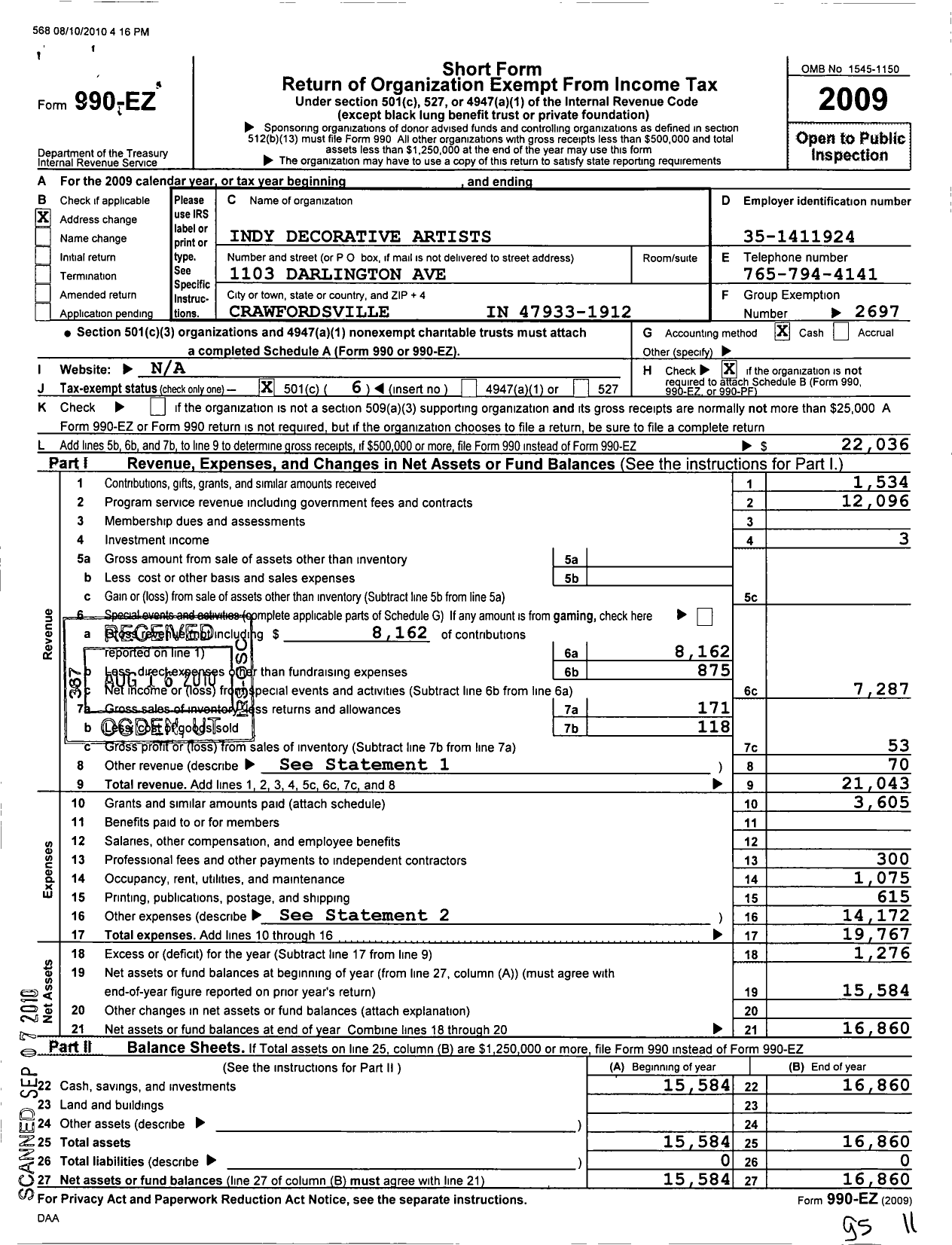 Image of first page of 2009 Form 990EO for National Society of Tole and Decorative Painters / Indy Decorative Artists