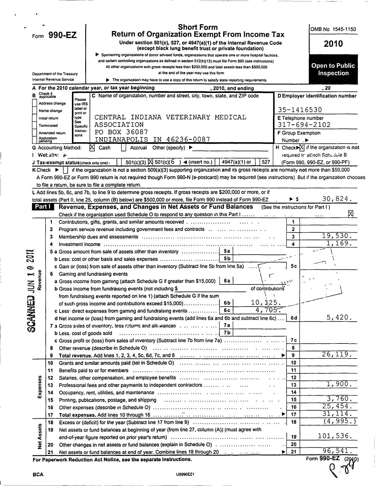 Image of first page of 2010 Form 990EO for Central Indiana Veterinary Medical Association
