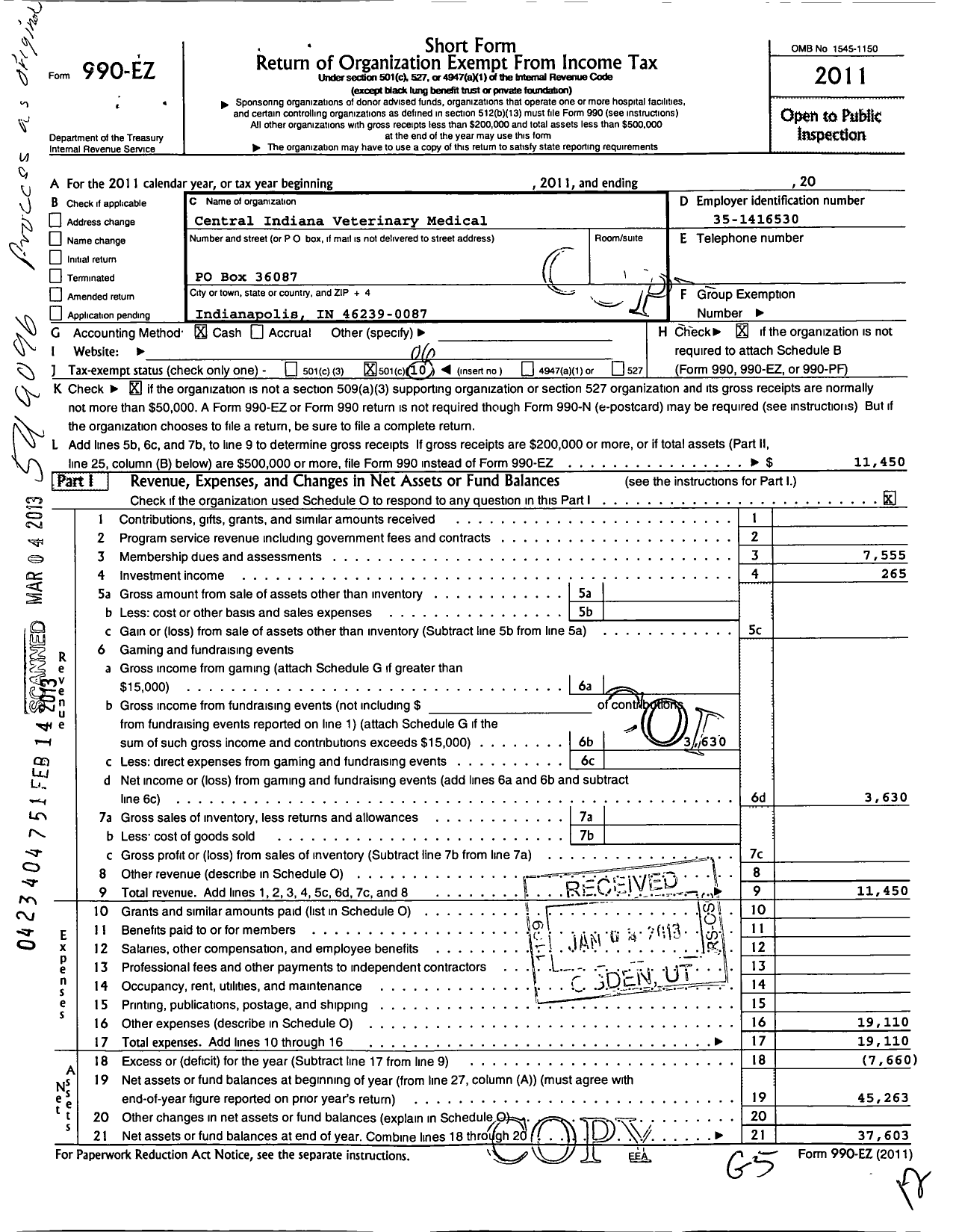 Image of first page of 2011 Form 990EO for Central Indiana Veterinary Medical Association