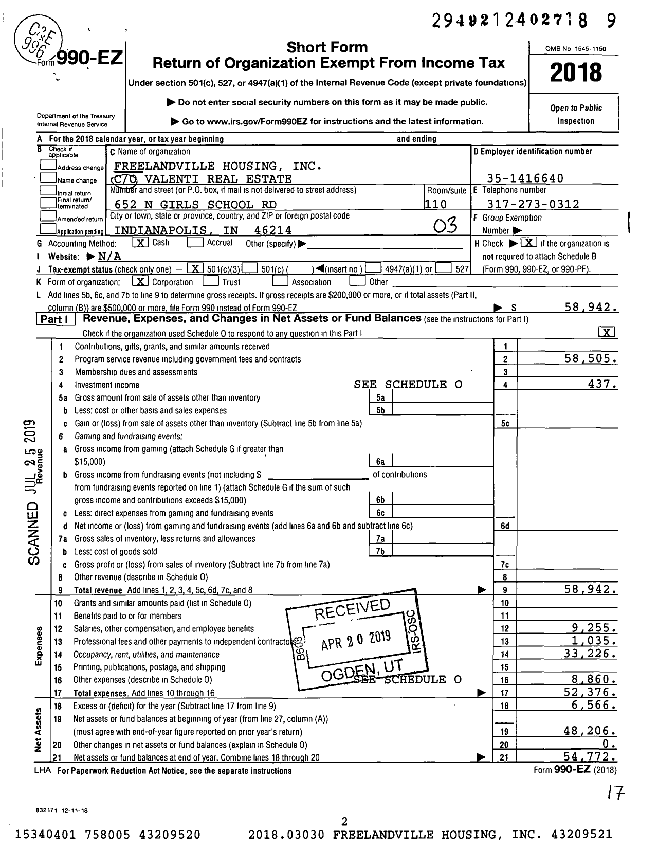 Image of first page of 2018 Form 990EZ for Freelandville Housing