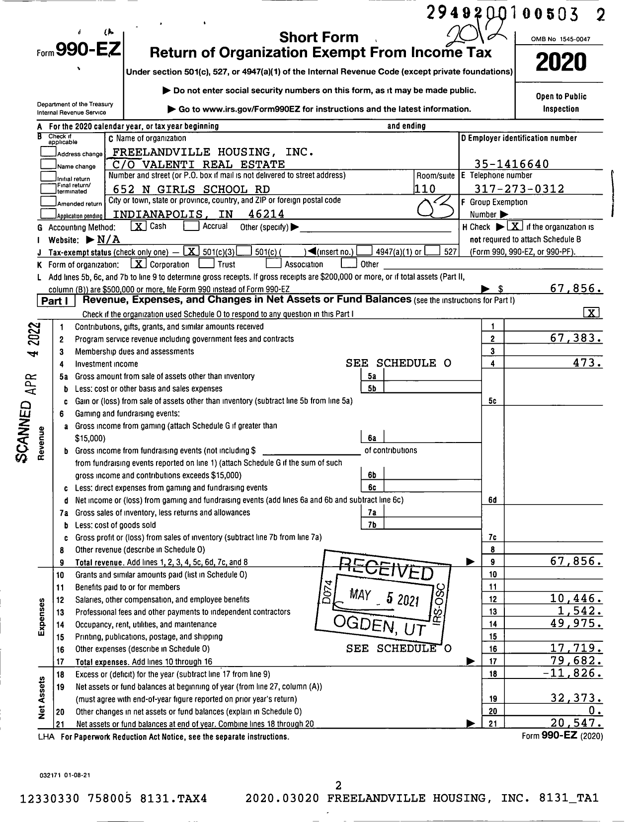 Image of first page of 2020 Form 990EZ for Freelandville Housing