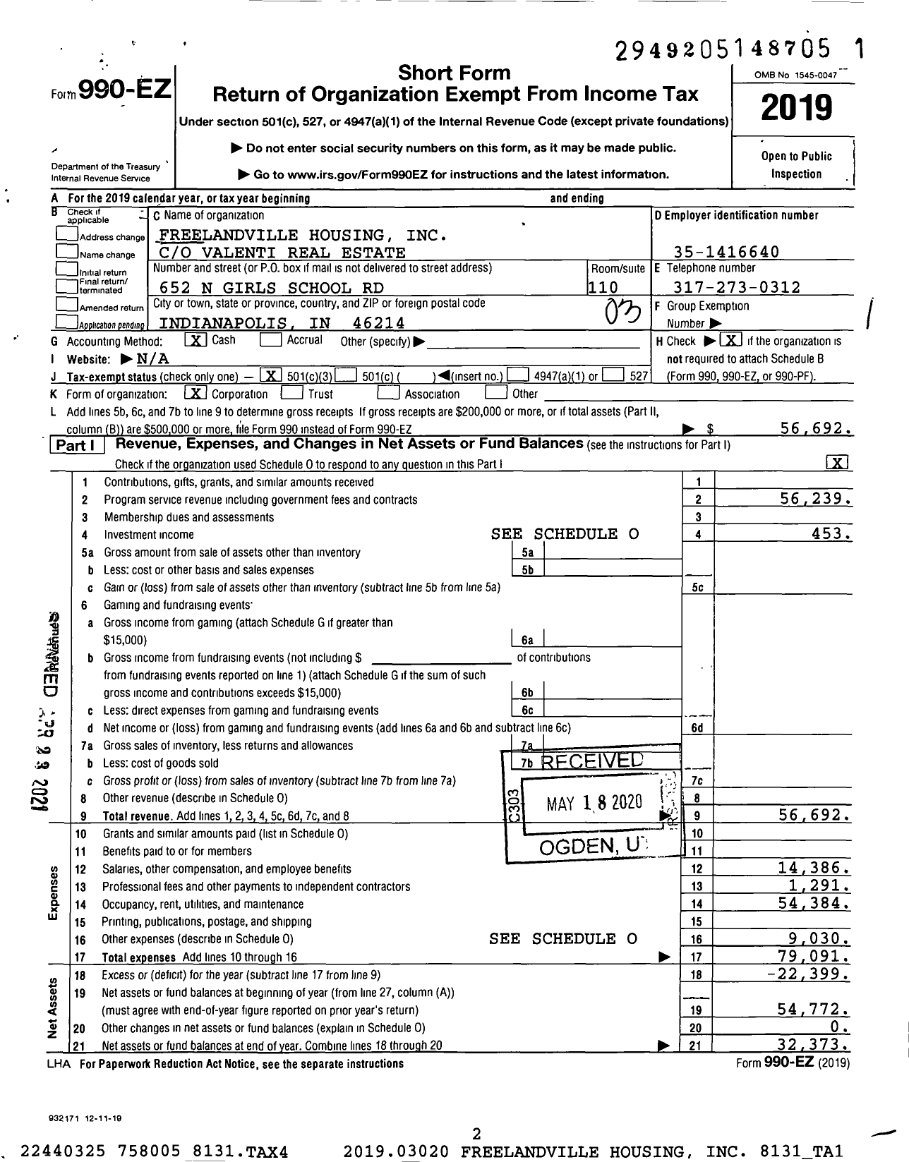 Image of first page of 2019 Form 990EZ for Freelandville Housing