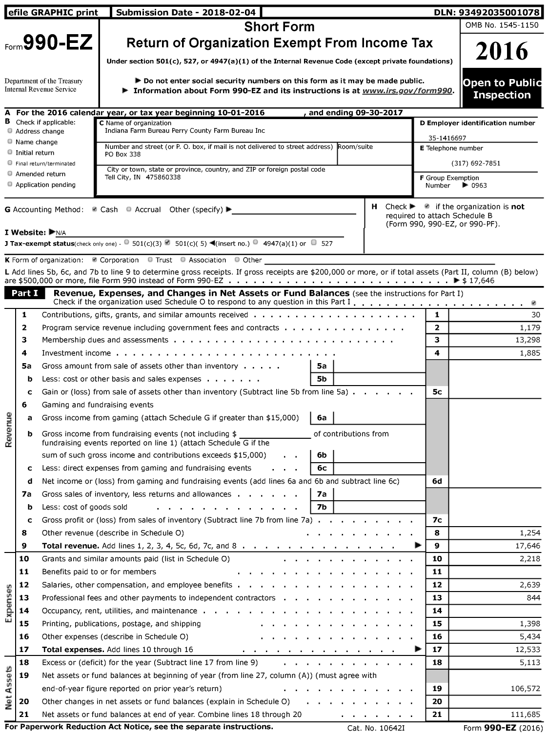 Image of first page of 2016 Form 990EZ for Indiana Farm Bureau Perry County Farm Bureau