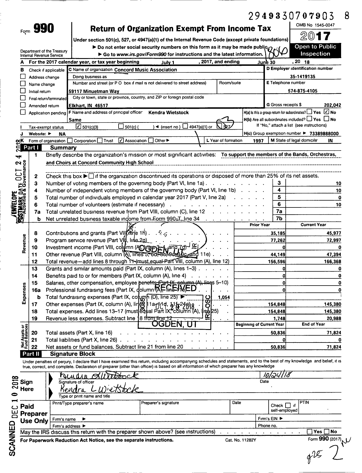 Image of first page of 2017 Form 990 for Concord Music Association