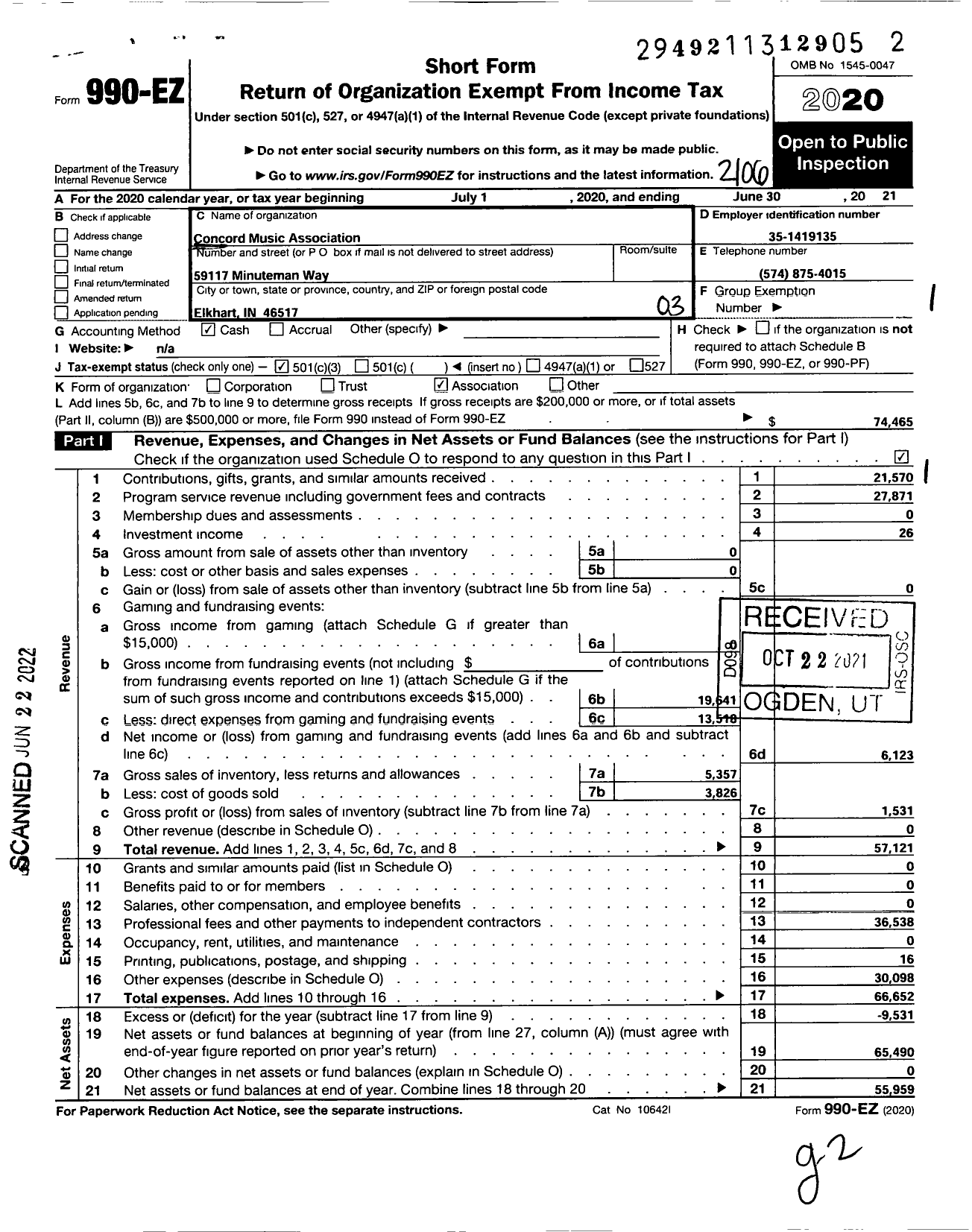 Image of first page of 2020 Form 990EZ for Concord Music Association