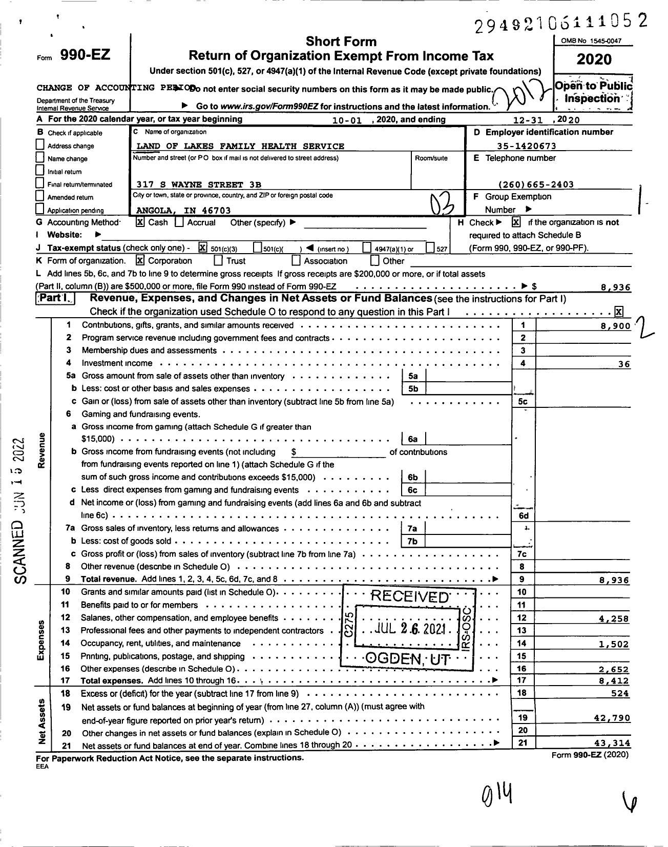 Image of first page of 2020 Form 990EZ for Land of Lakes Family Health Services