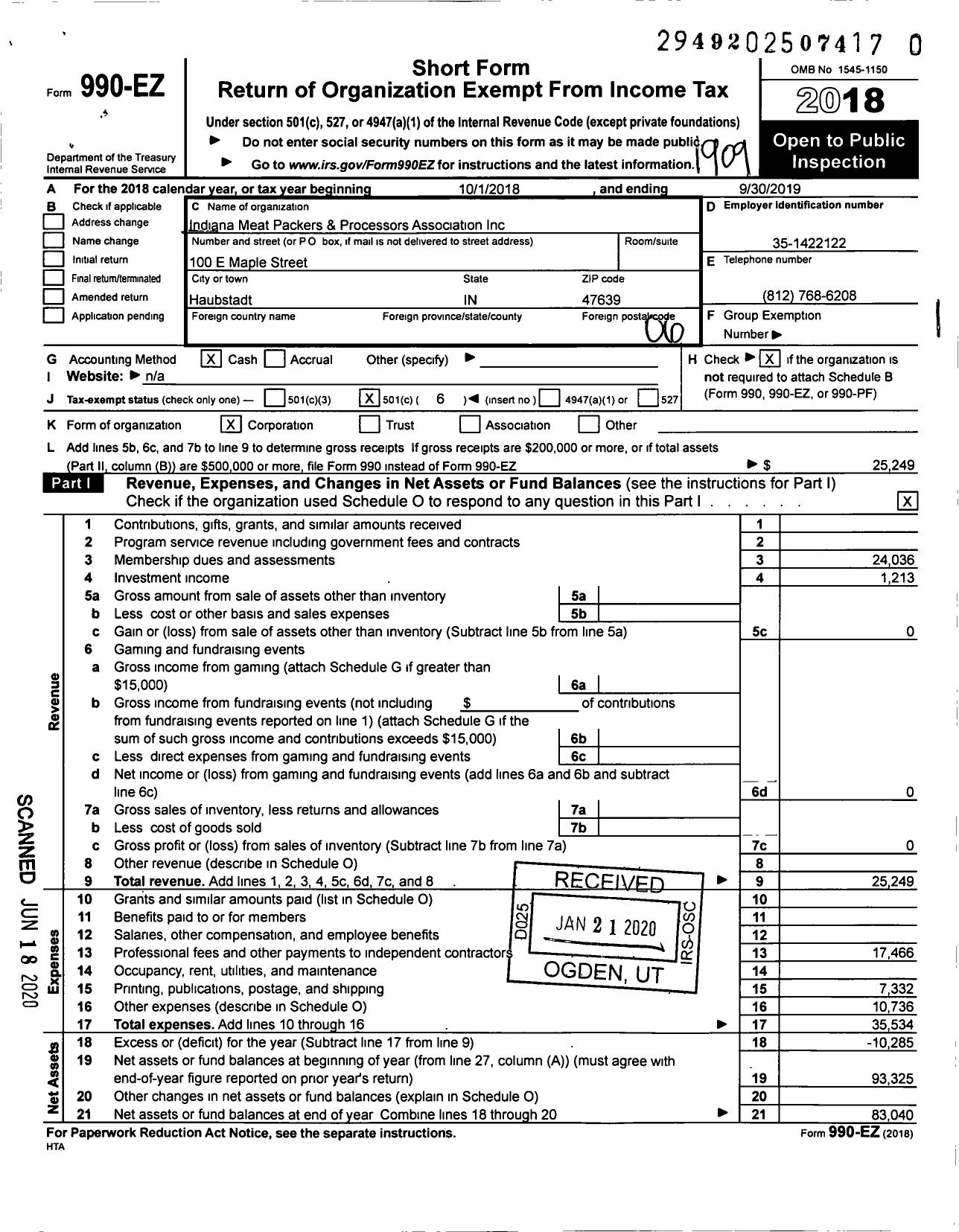 Image of first page of 2018 Form 990EO for Indiana Meat Packers and Processors Association