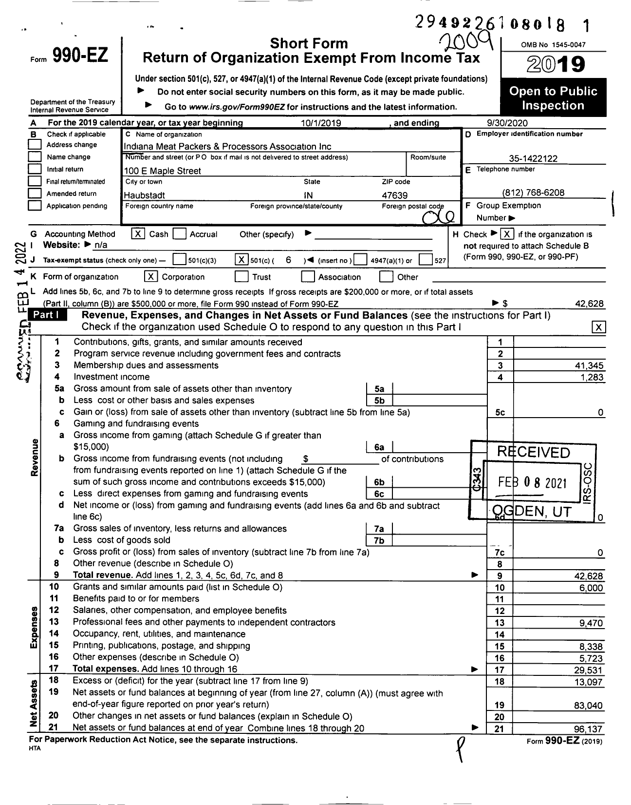 Image of first page of 2019 Form 990EO for Indiana Meat Packers and Processors Association