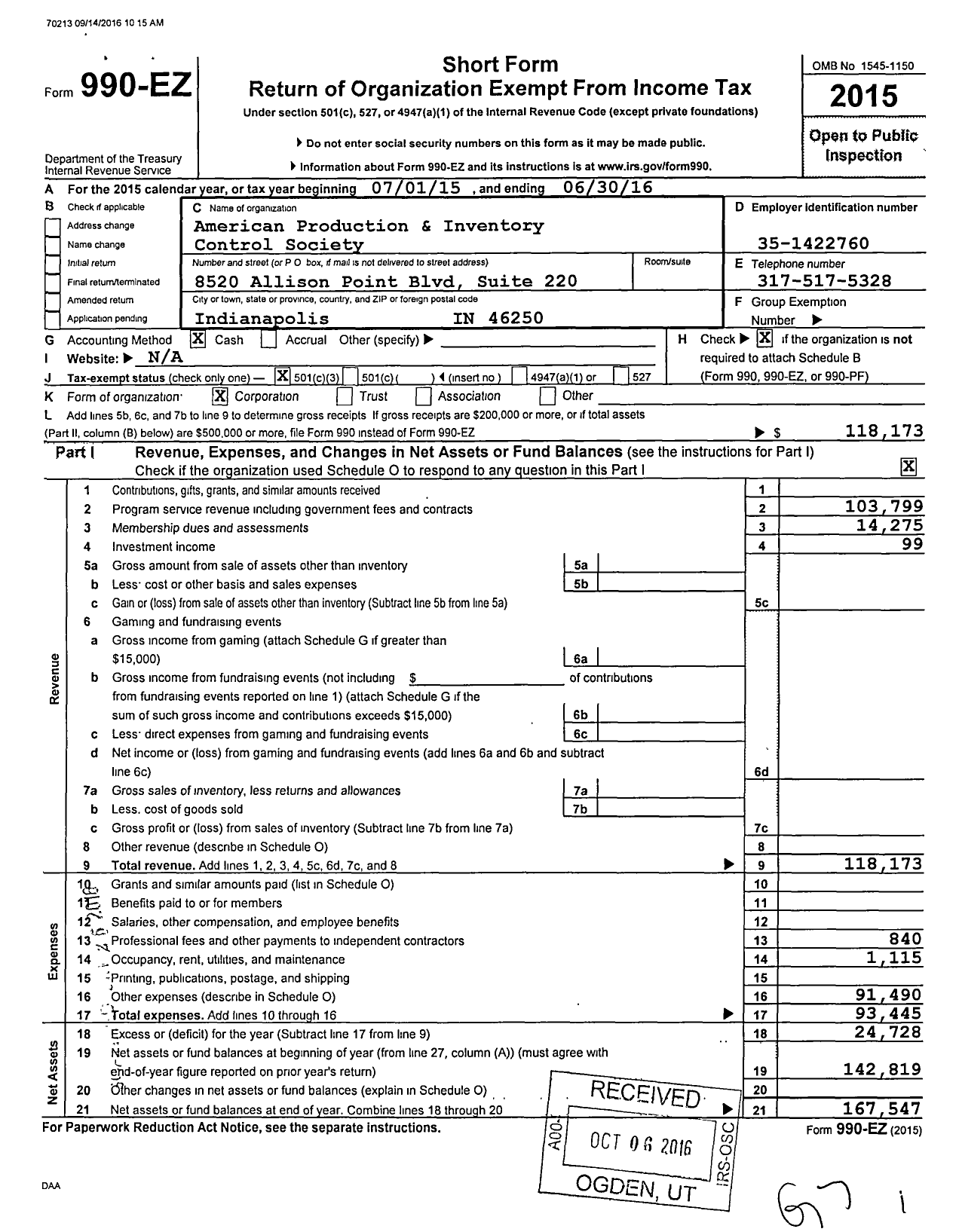 Image of first page of 2015 Form 990EZ for Apics-Central Indiana Chapter Incorporated