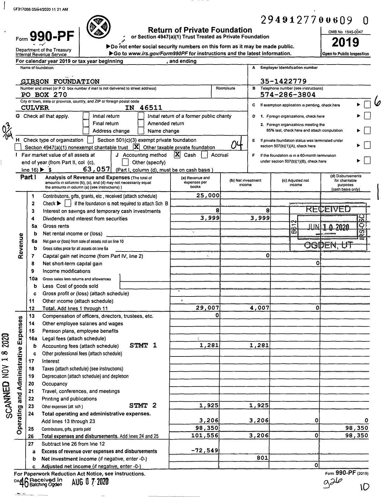 Image of first page of 2019 Form 990PF for Gibson Foundation