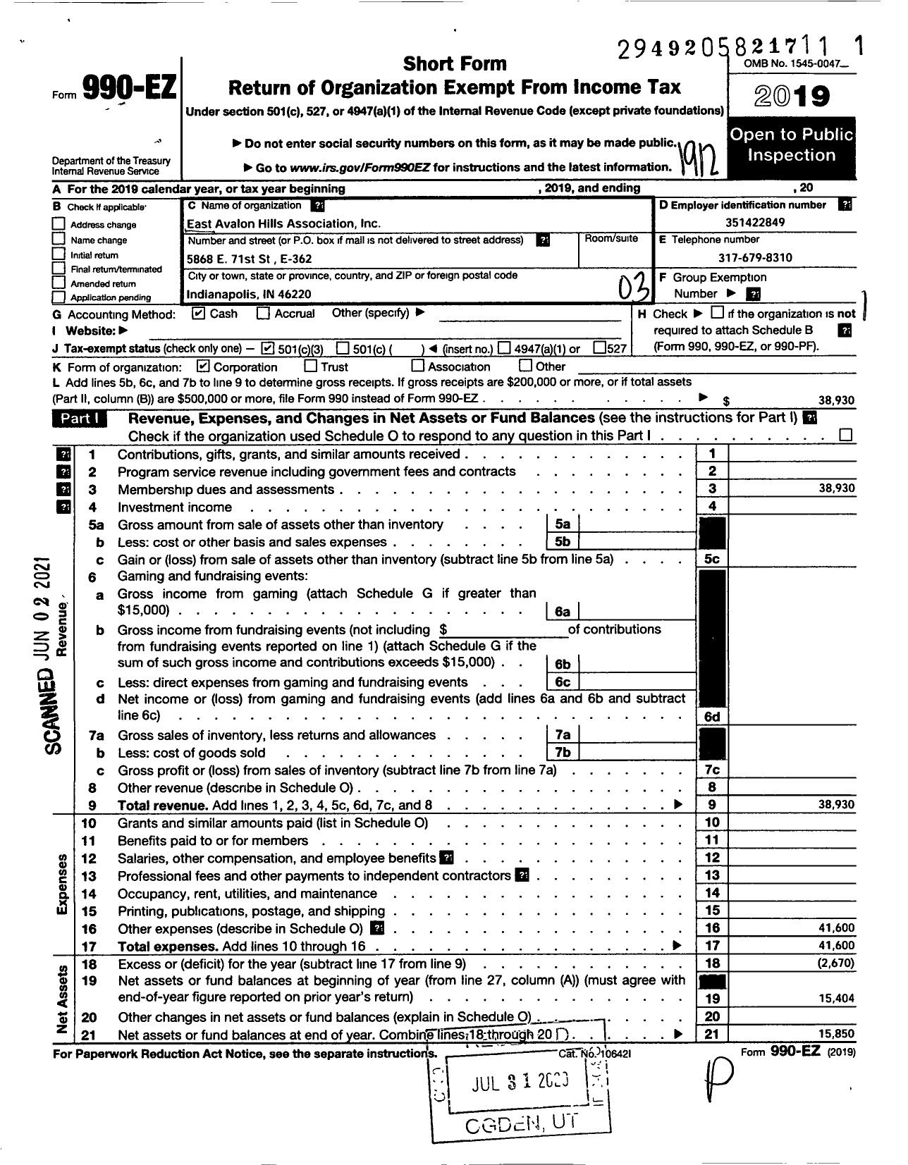 Image of first page of 2019 Form 990EZ for East Avalon Hills Association