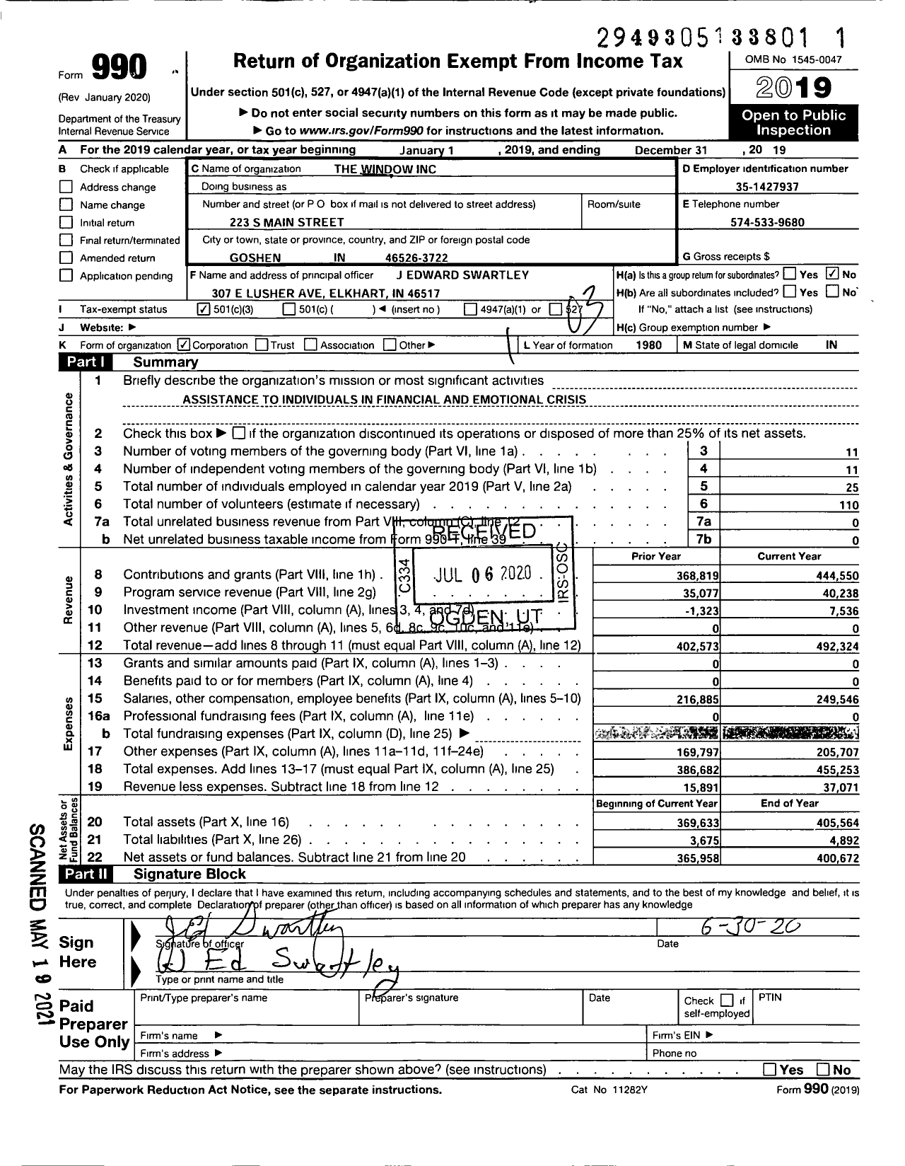 Image of first page of 2019 Form 990 for The Window