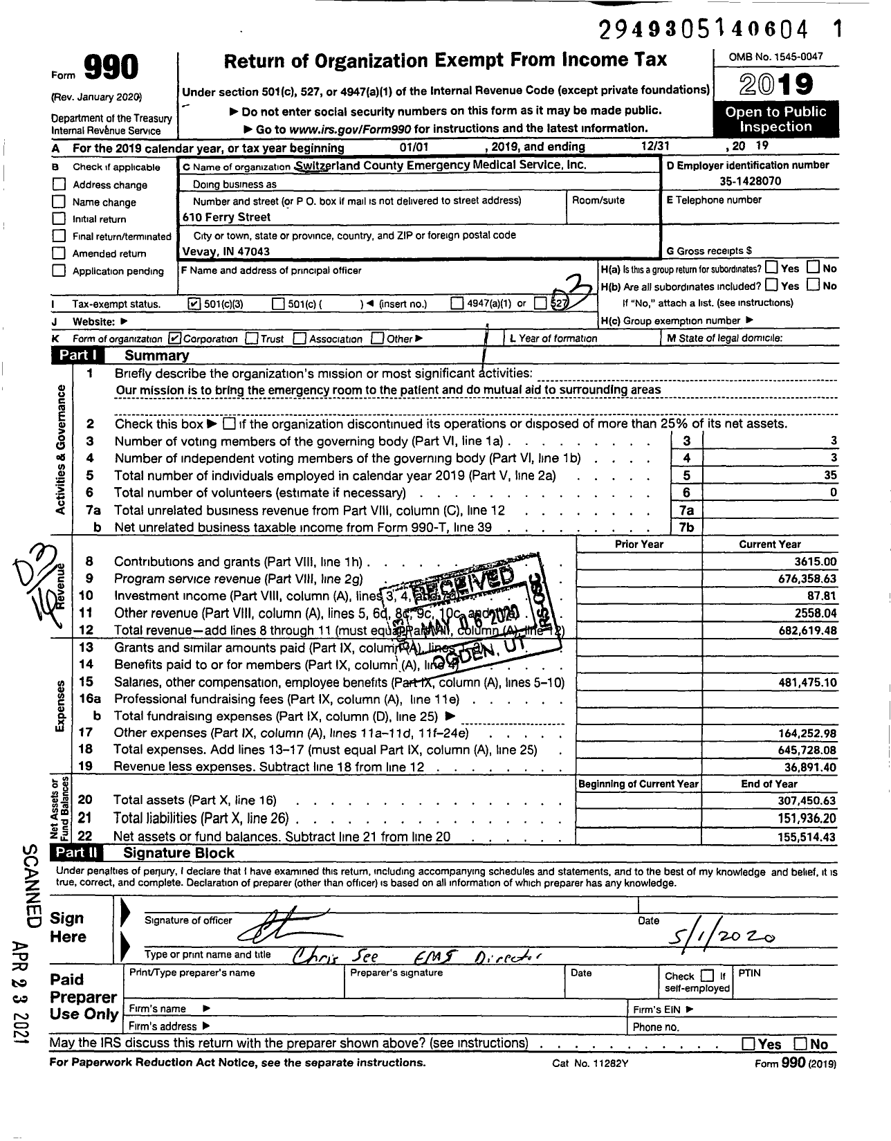 Image of first page of 2019 Form 990 for Switzerland County Emergency Medical Services