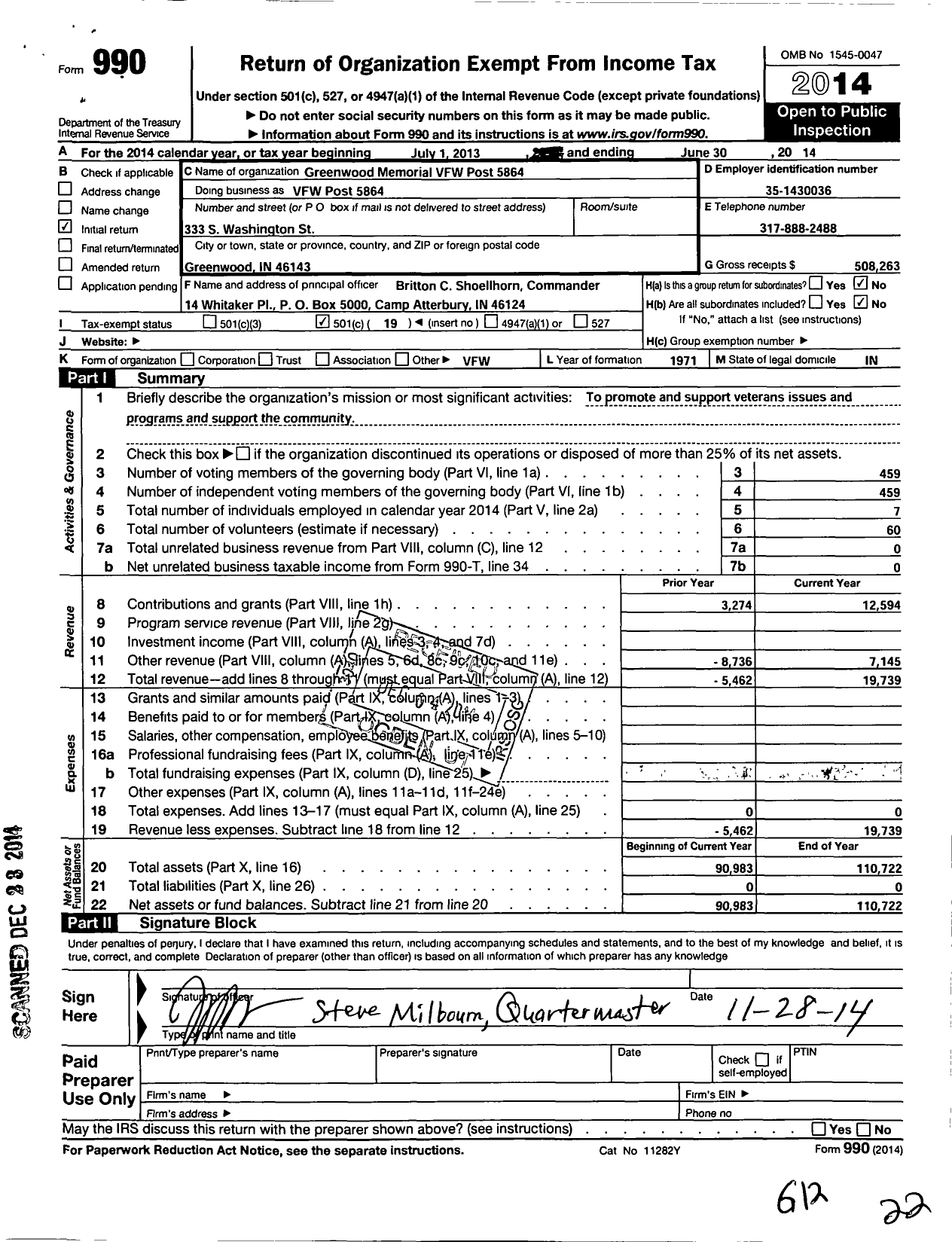 Image of first page of 2013 Form 990O for VFW Department of Indiana - 5864 Greenwood Memorial Post