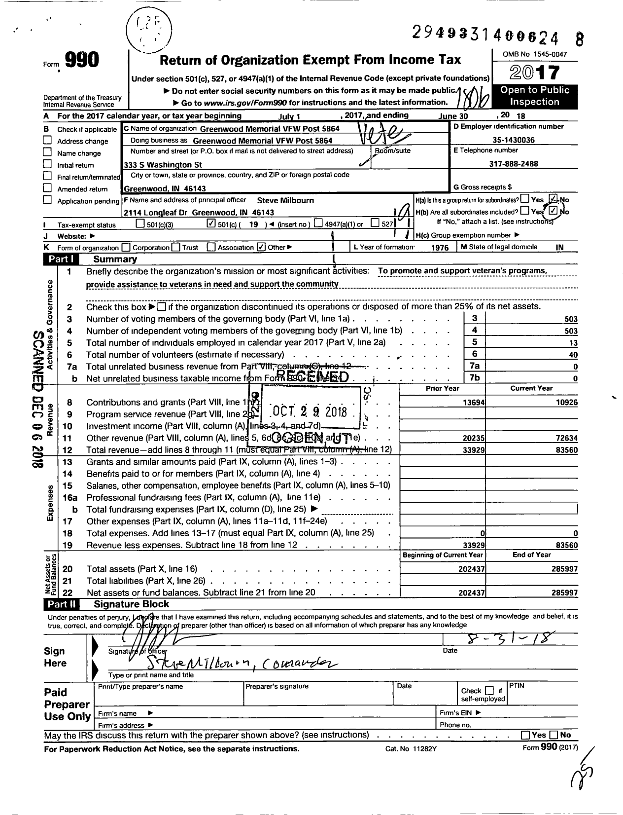 Image of first page of 2017 Form 990O for VFW Department of Indiana - 5864 Greenwood Memorial Post