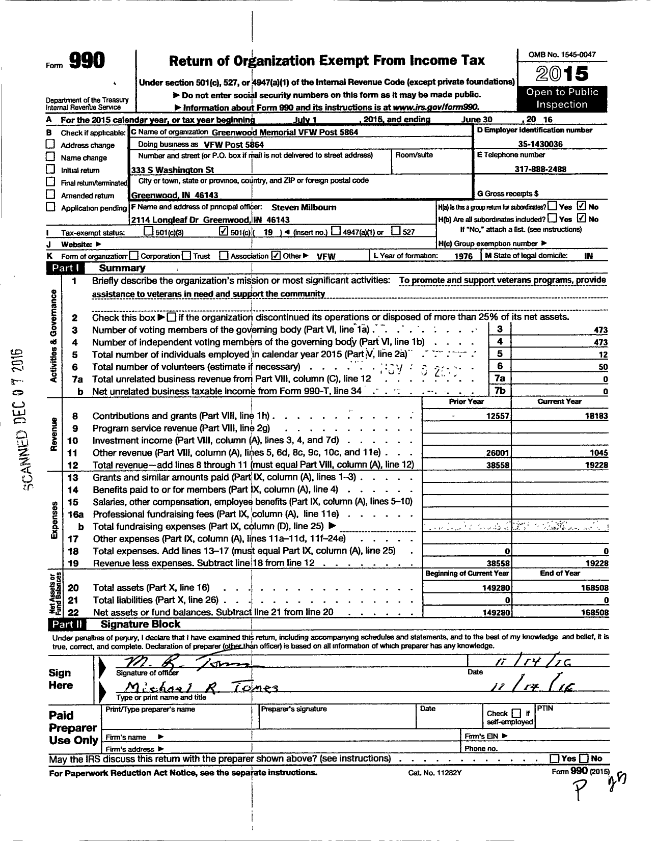 Image of first page of 2015 Form 990O for VFW Department of Indiana - 5864 Greenwood Memorial Post