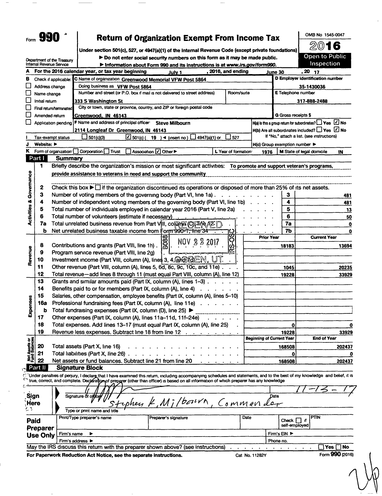 Image of first page of 2016 Form 990O for VFW Department of Indiana - 5864 Greenwood Memorial Post