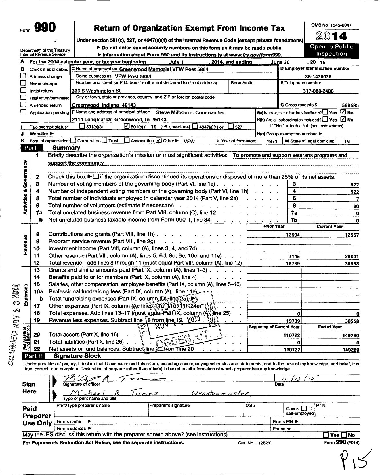 Image of first page of 2014 Form 990O for VFW Department of Indiana - 5864 Greenwood Memorial Post