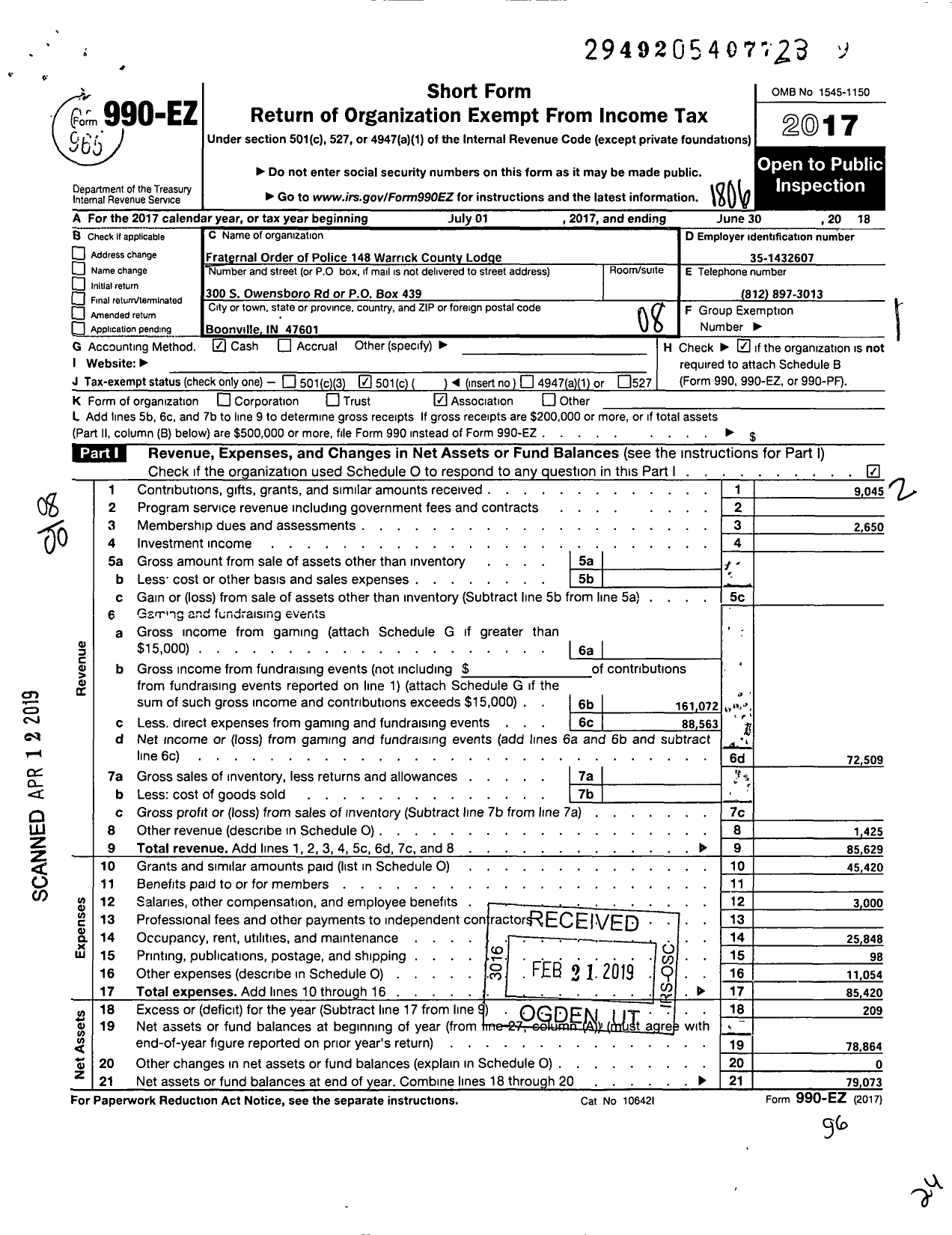 Image of first page of 2017 Form 990EO for Fraternal Order of Police