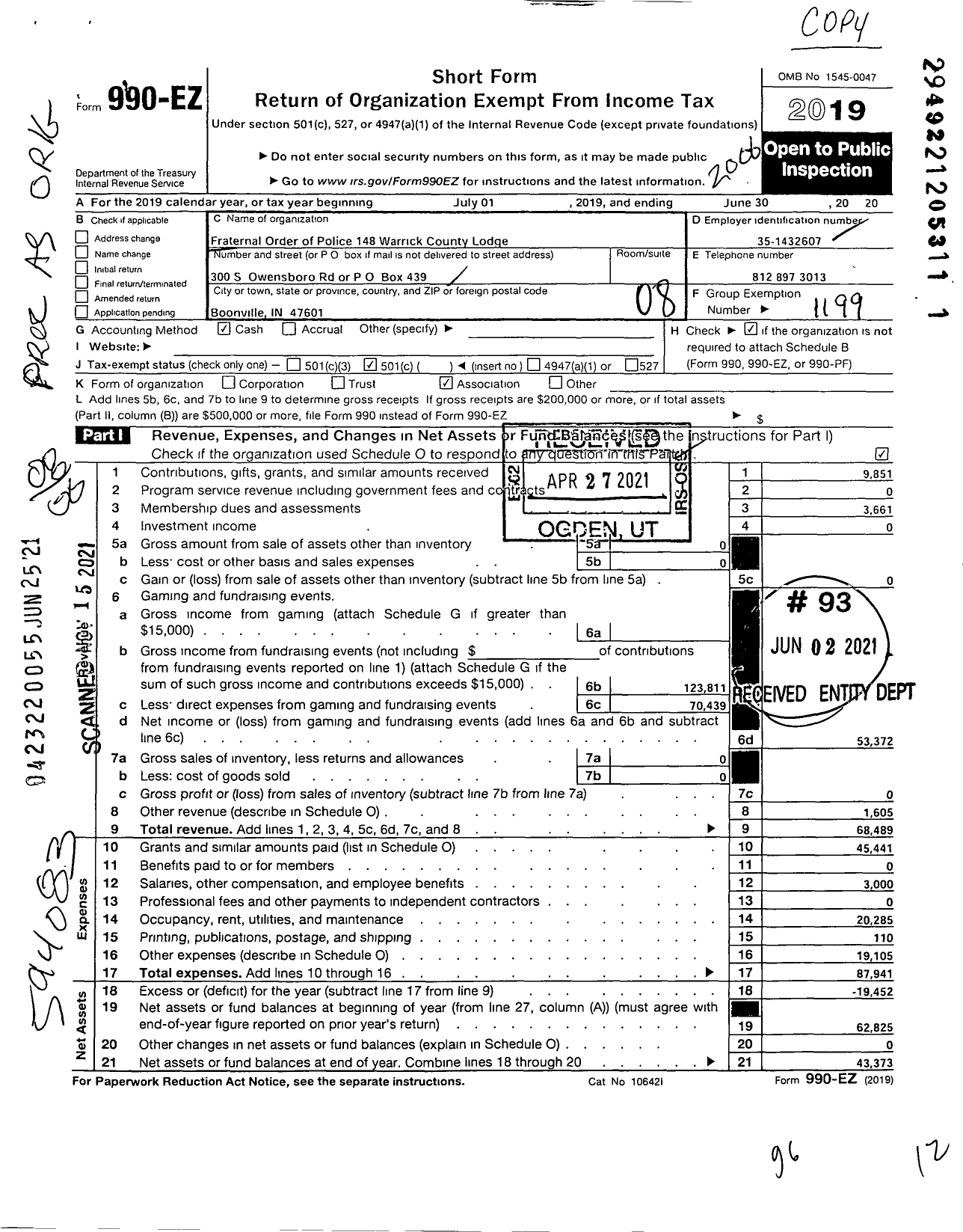 Image of first page of 2019 Form 990EO for Fraternal Order of Police