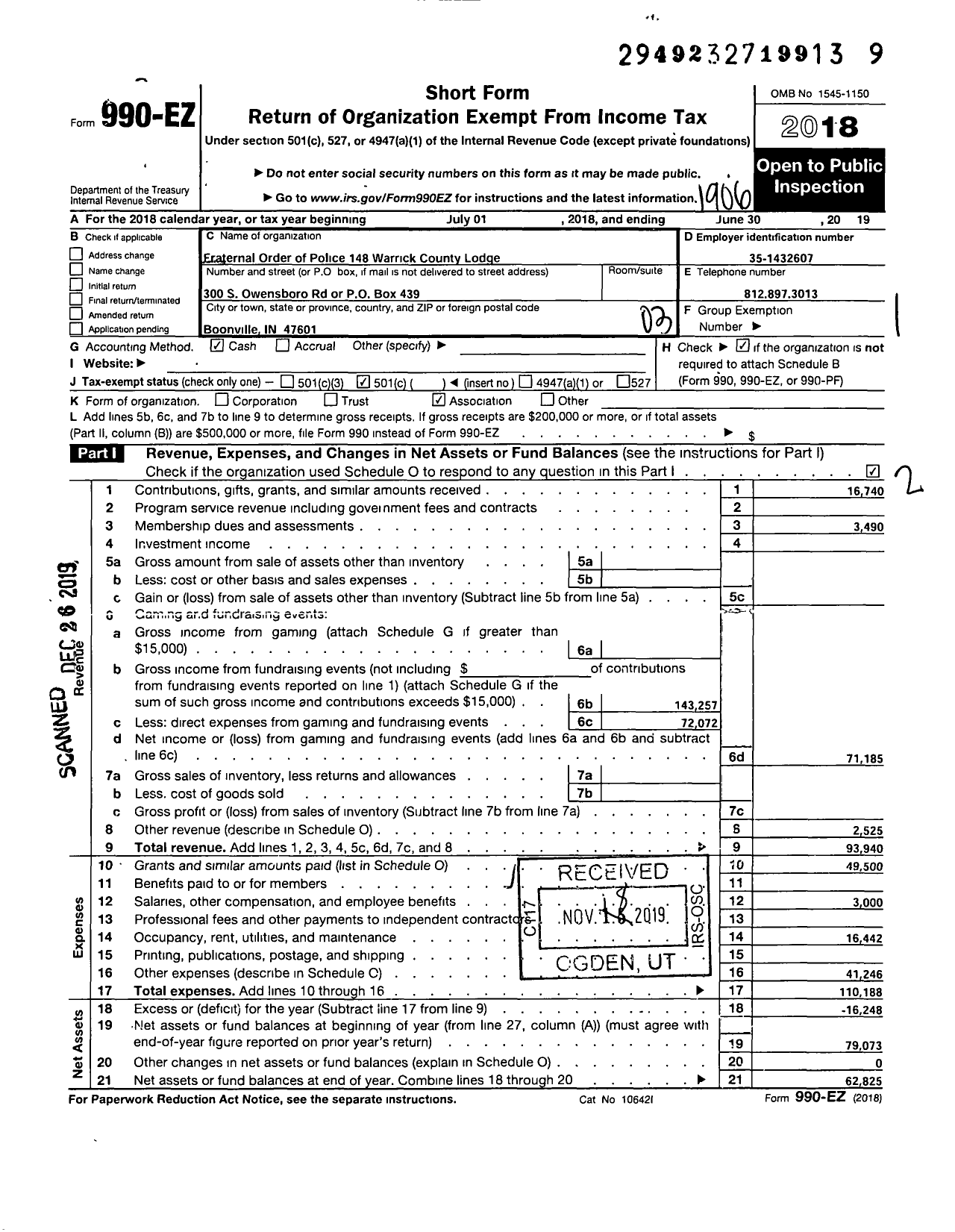 Image of first page of 2018 Form 990EZ for Fraternal Order of Police