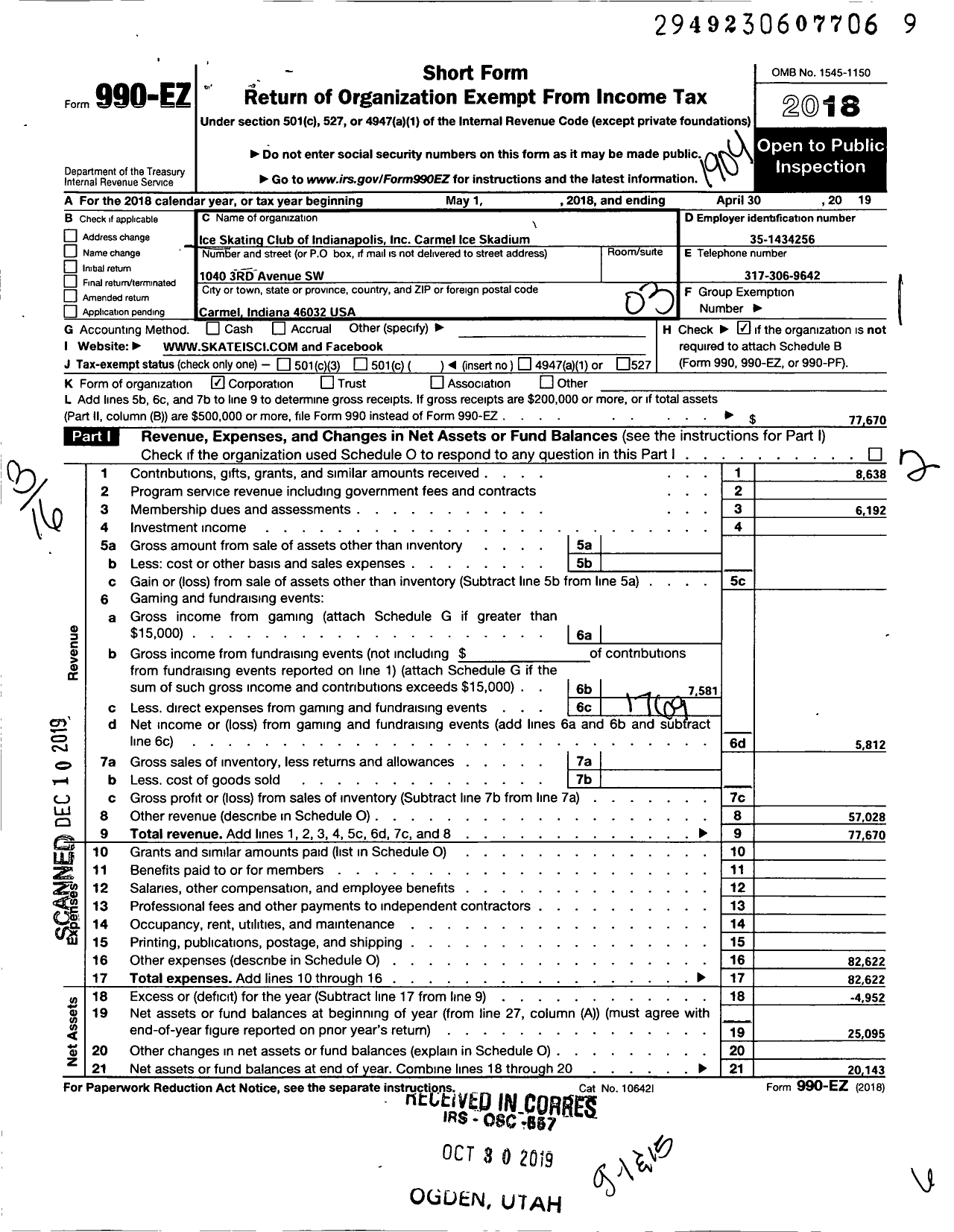 Image of first page of 2018 Form 990EZ for Ice Skating Club of Indianapolis Carmel Ice Stadium