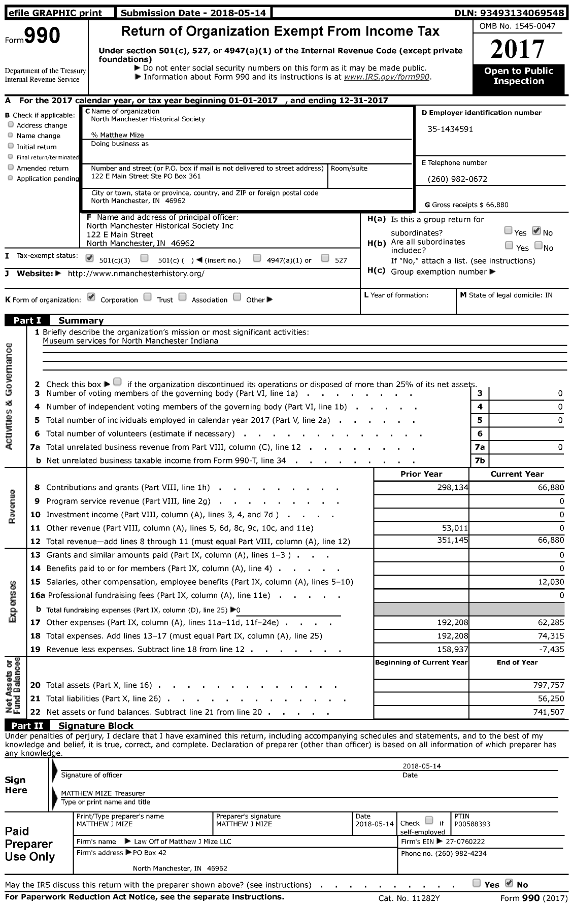 Image of first page of 2017 Form 990 for North Manchester Historical Society