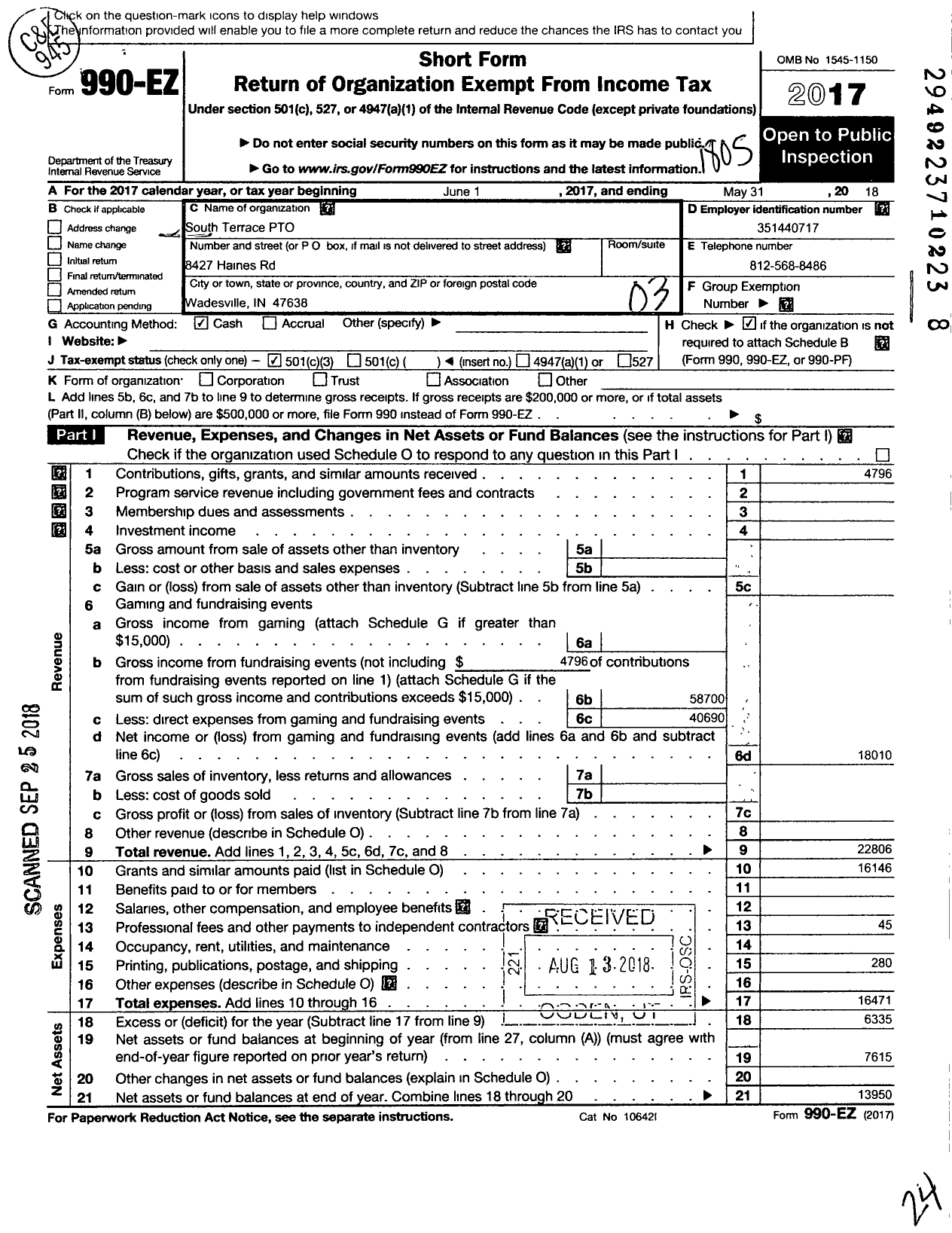 Image of first page of 2017 Form 990EZ for South Terrace Parent-Teacher Organization