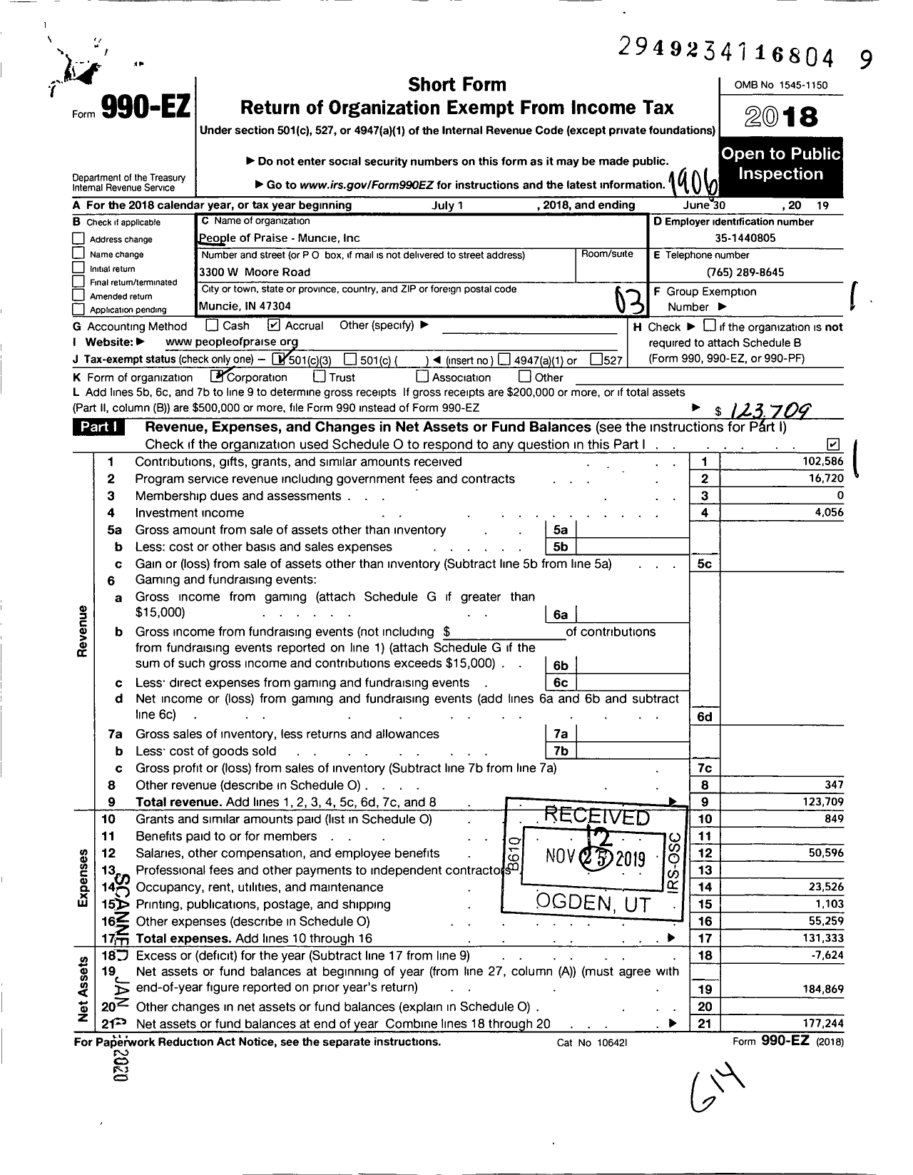 Image of first page of 2018 Form 990EZ for People of Praise-Muncie