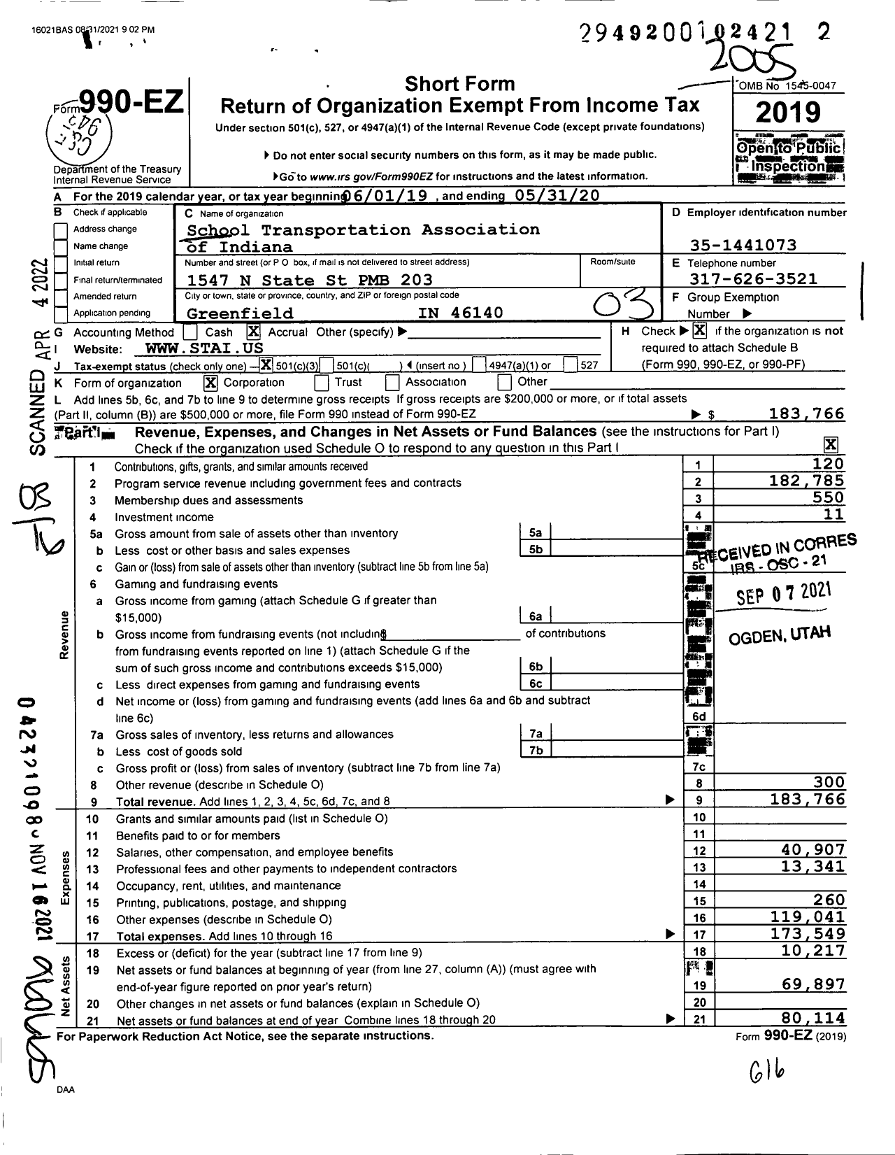 Image of first page of 2019 Form 990EZ for School Transportation Association of Indiana