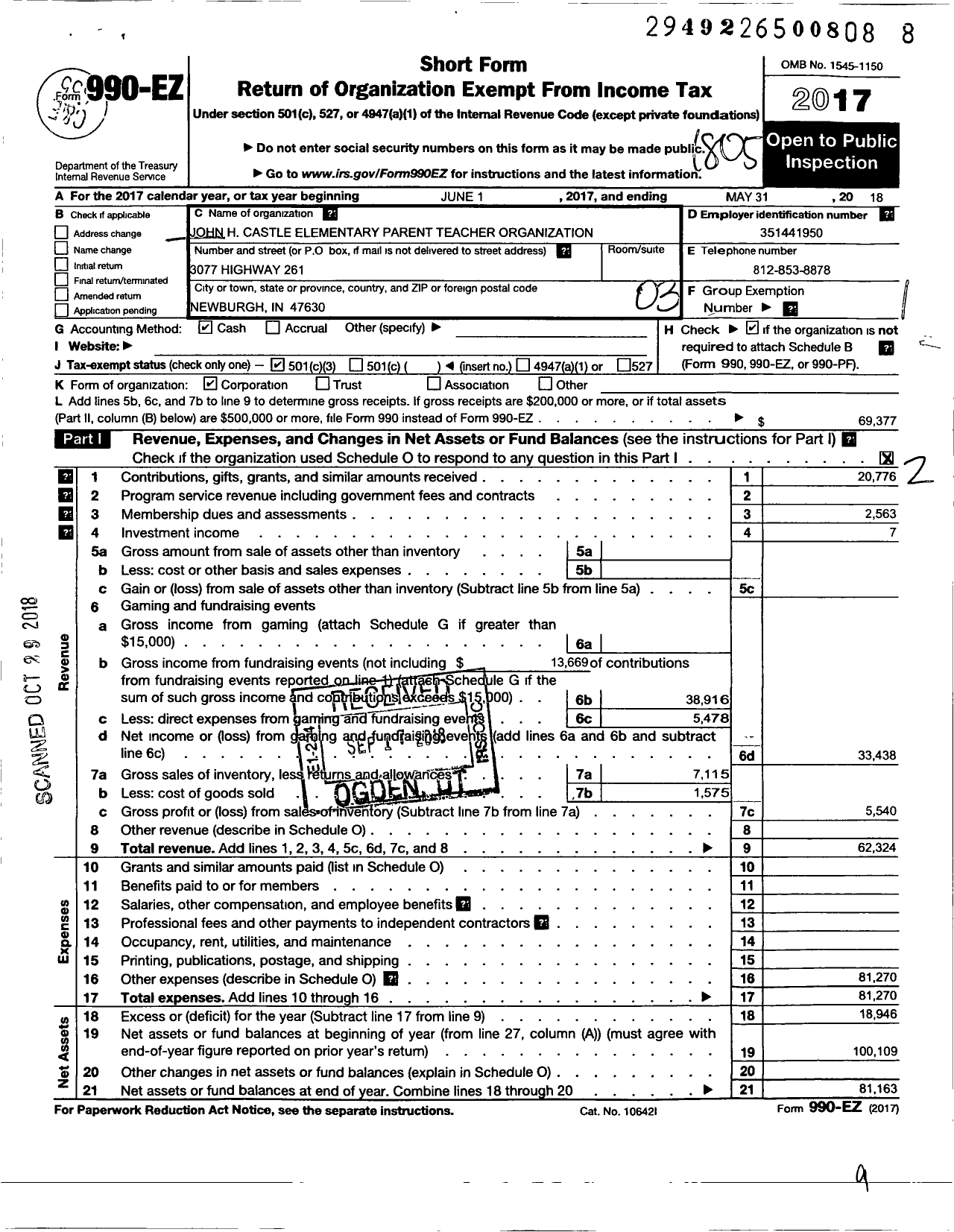 Image of first page of 2017 Form 990EZ for John H Castle Elementary School Parent-Teacher Organization