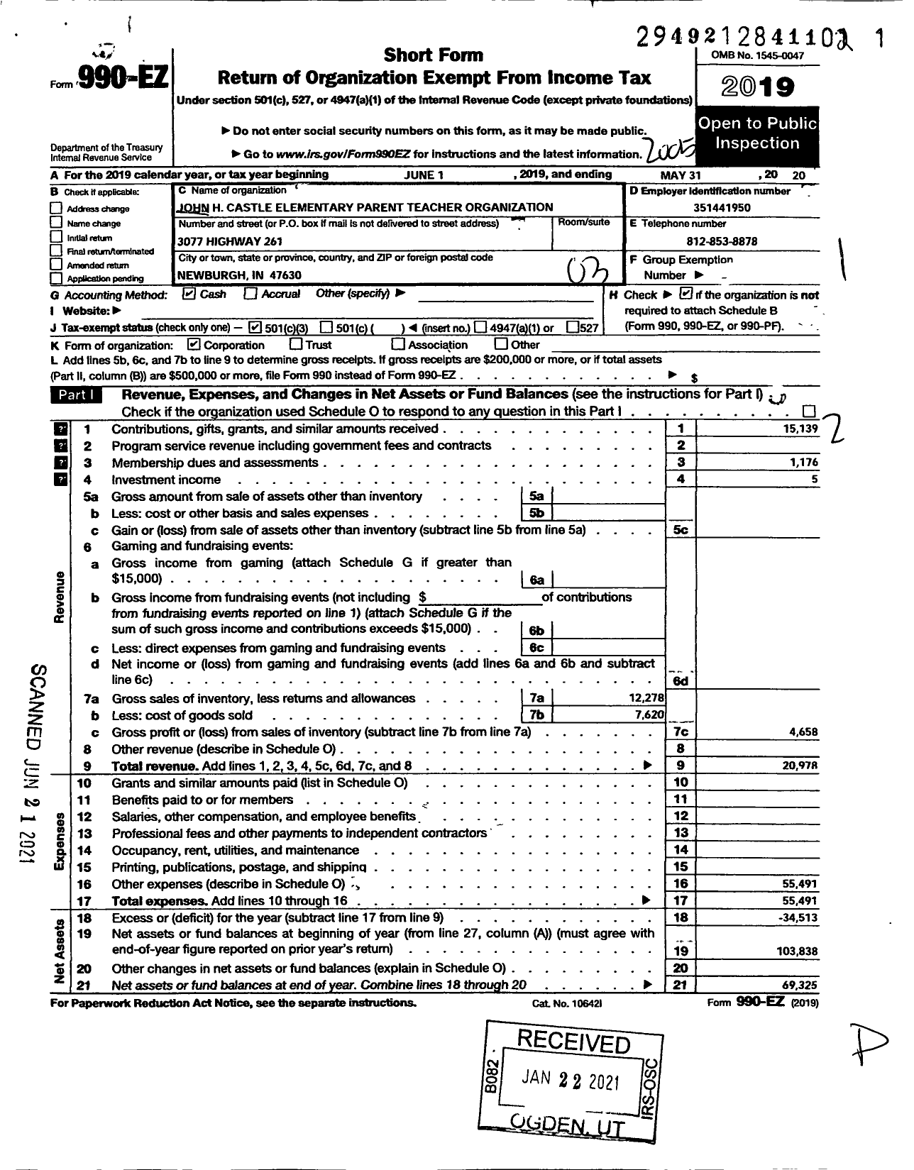 Image of first page of 2019 Form 990EZ for John H Castle Elementary School Parent-Teacher Organization
