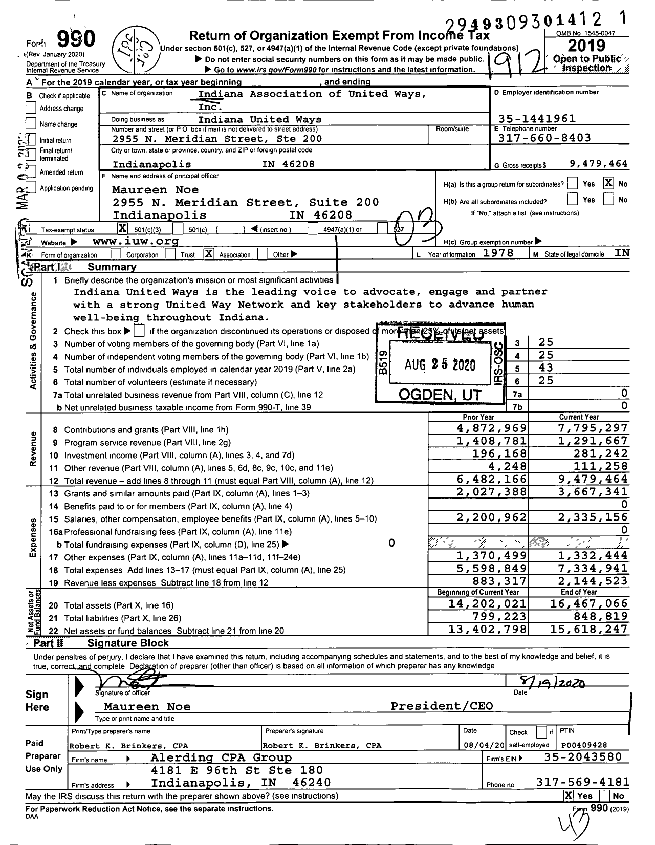 Image of first page of 2019 Form 990 for Indiana United Ways