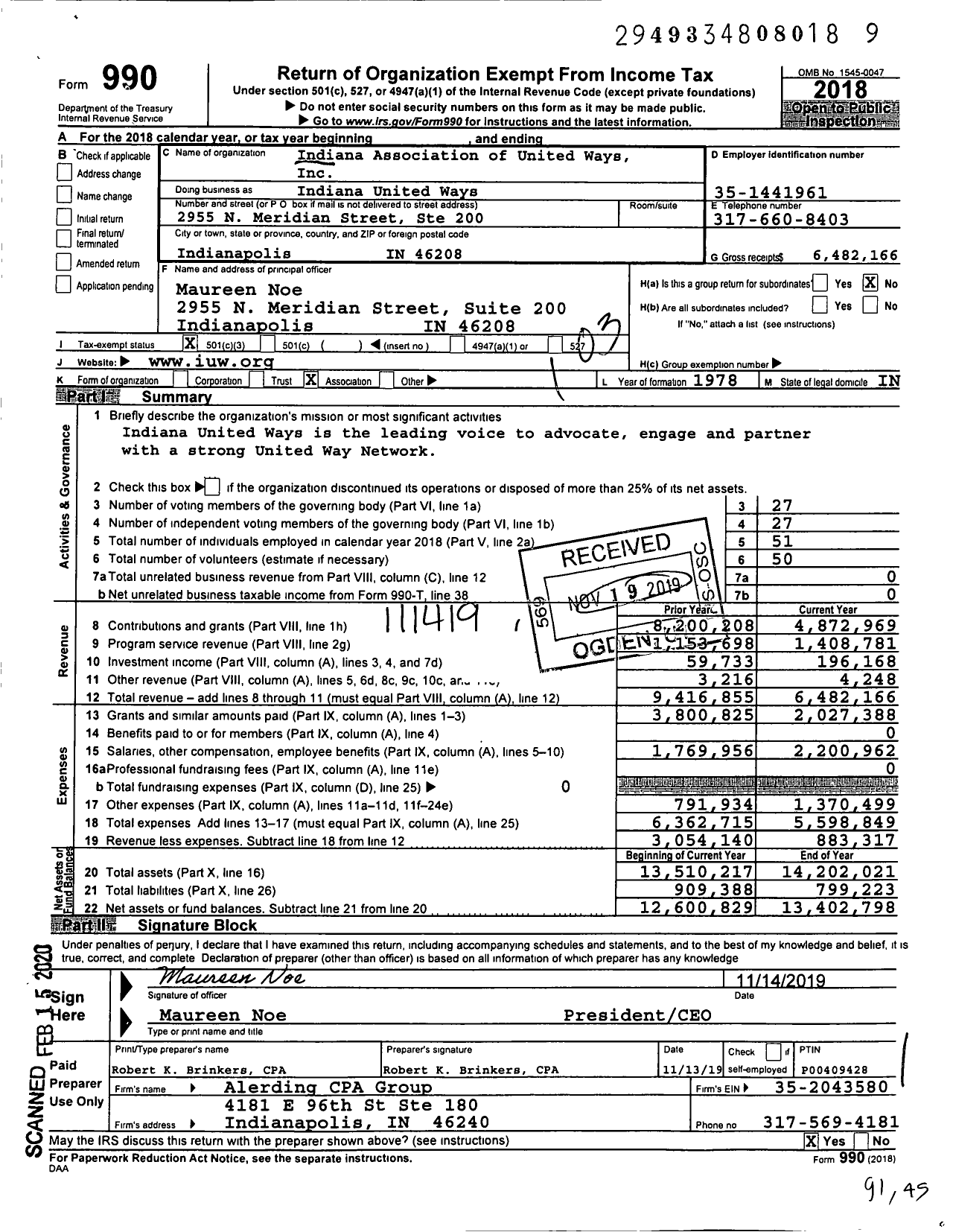 Image of first page of 2018 Form 990 for Indiana United Ways