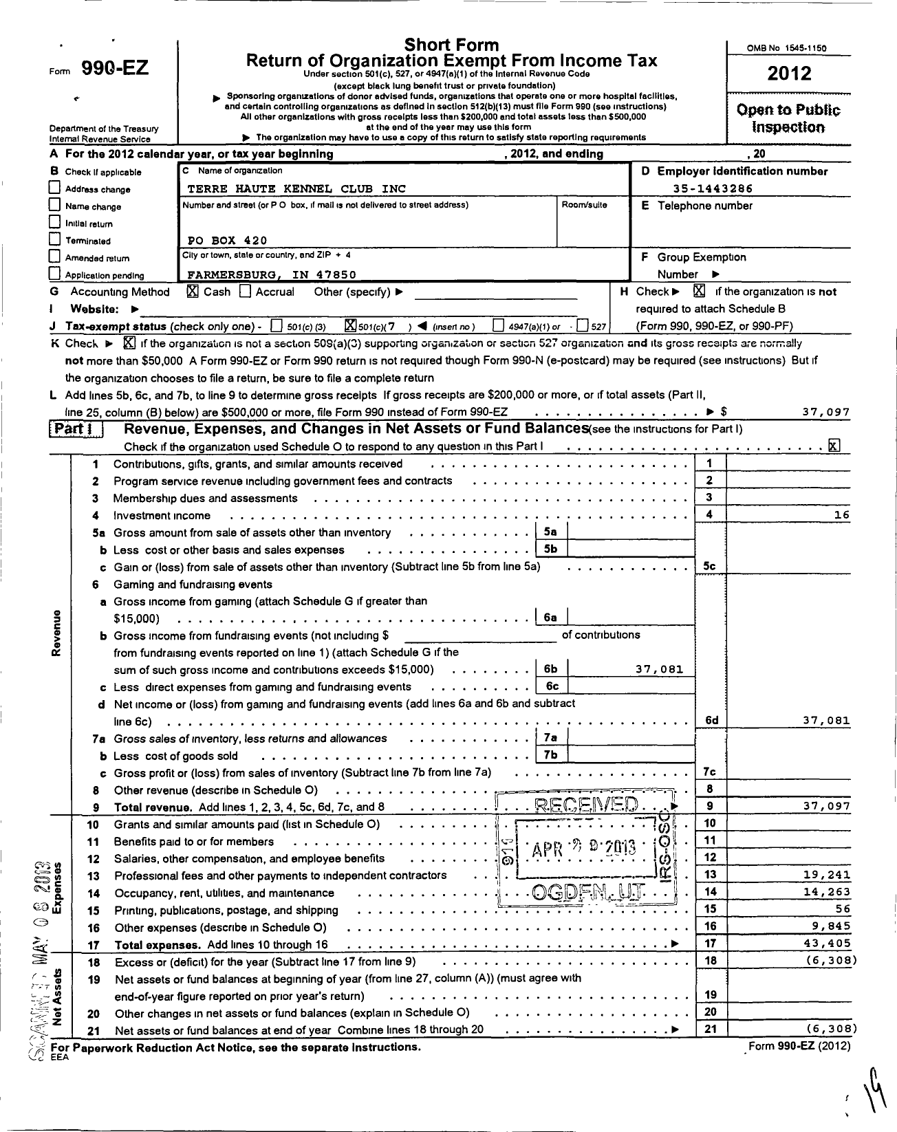 Image of first page of 2012 Form 990O for Terre Haute Kennel Club