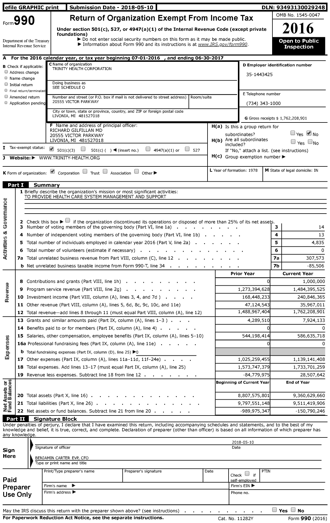 Image of first page of 2016 Form 990 for Trinity Health Corporation