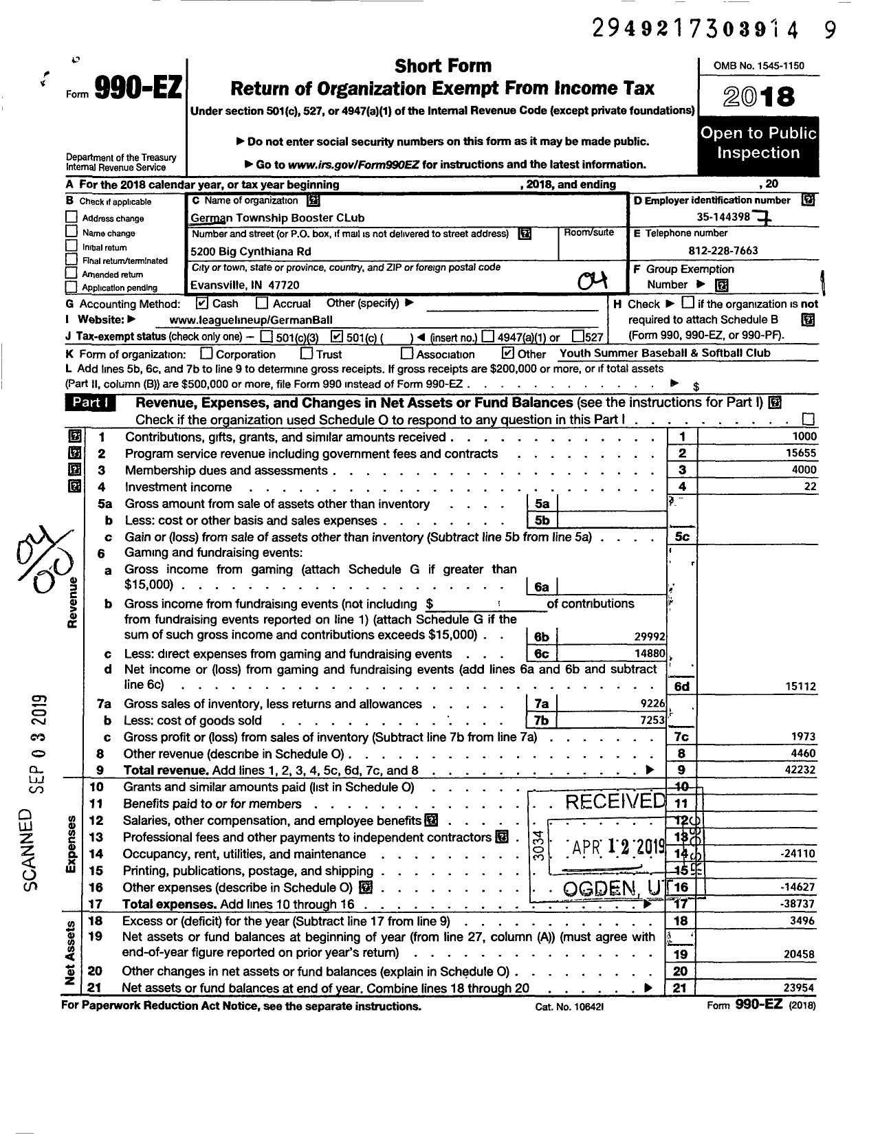 Image of first page of 2018 Form 990EO for German TWP Booster Club