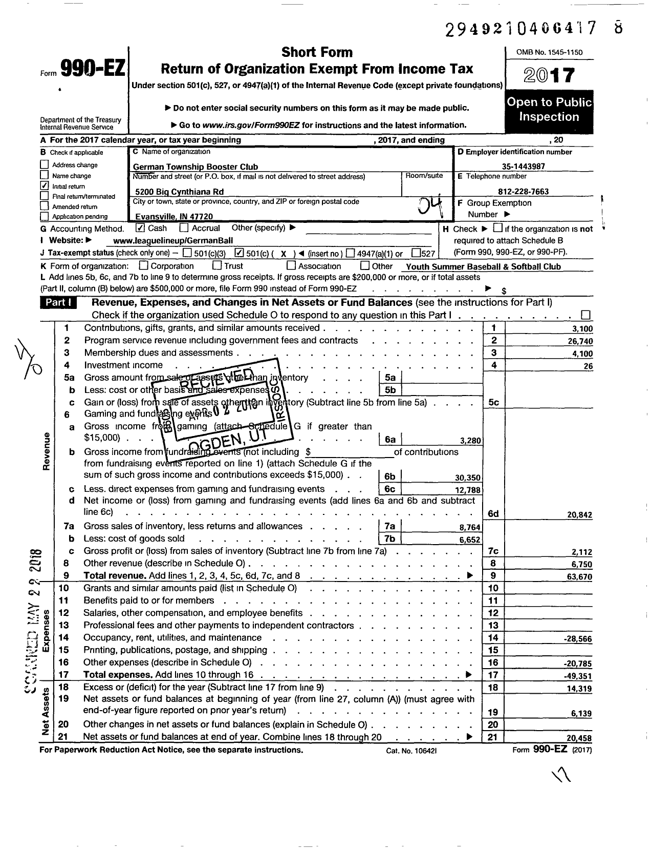 Image of first page of 2017 Form 990EO for German TWP Booster Club