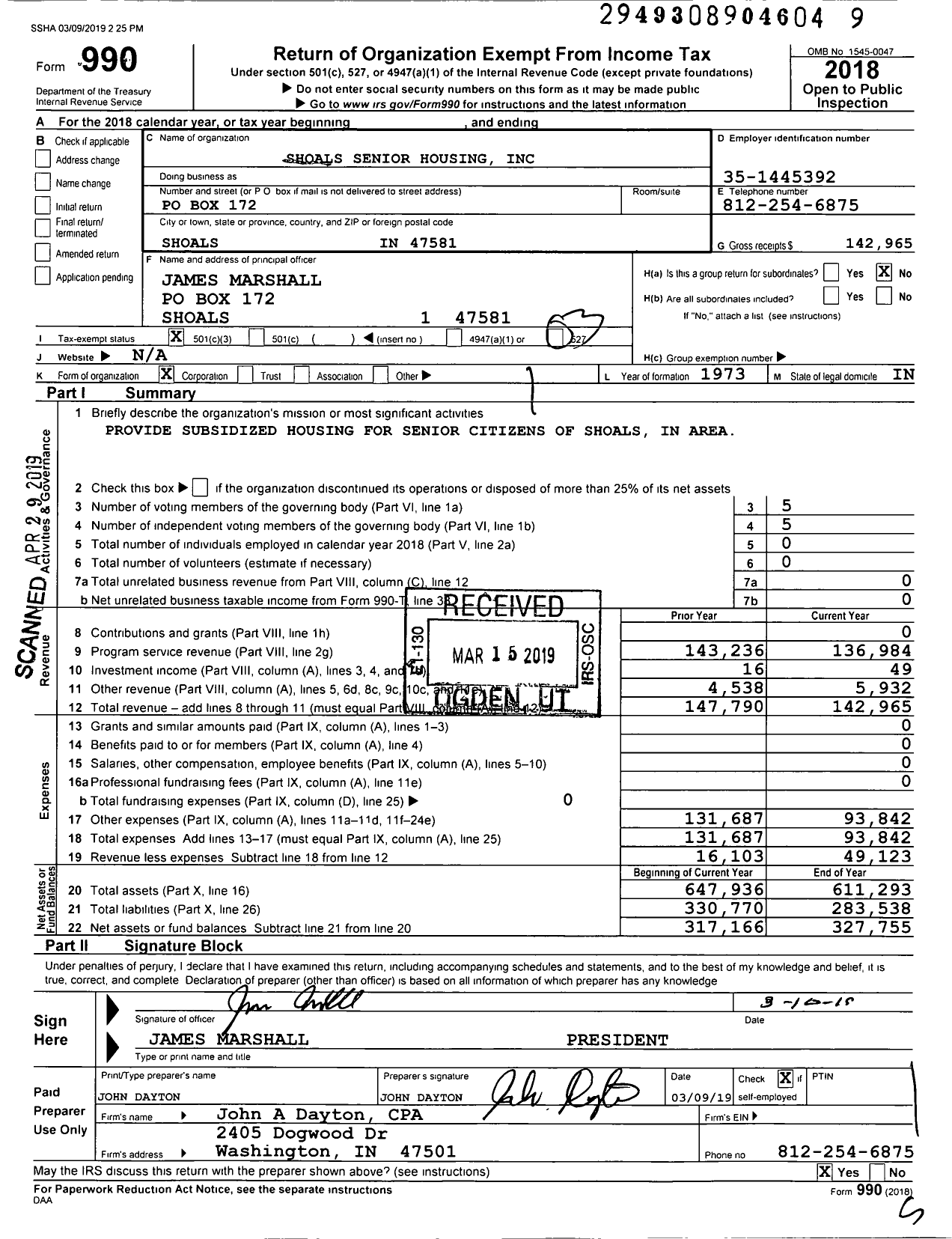 Image of first page of 2018 Form 990 for Shoals Senior Housing