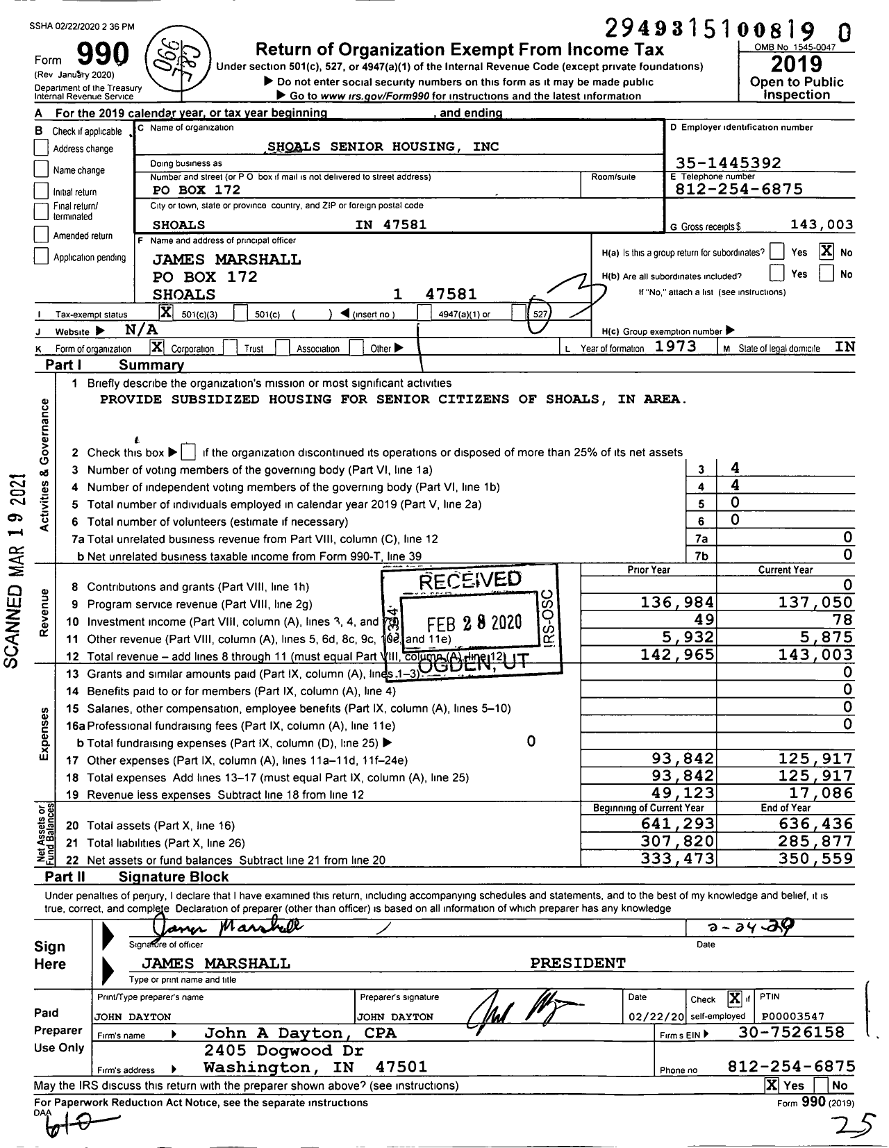 Image of first page of 2019 Form 990 for Shoals Senior Housing