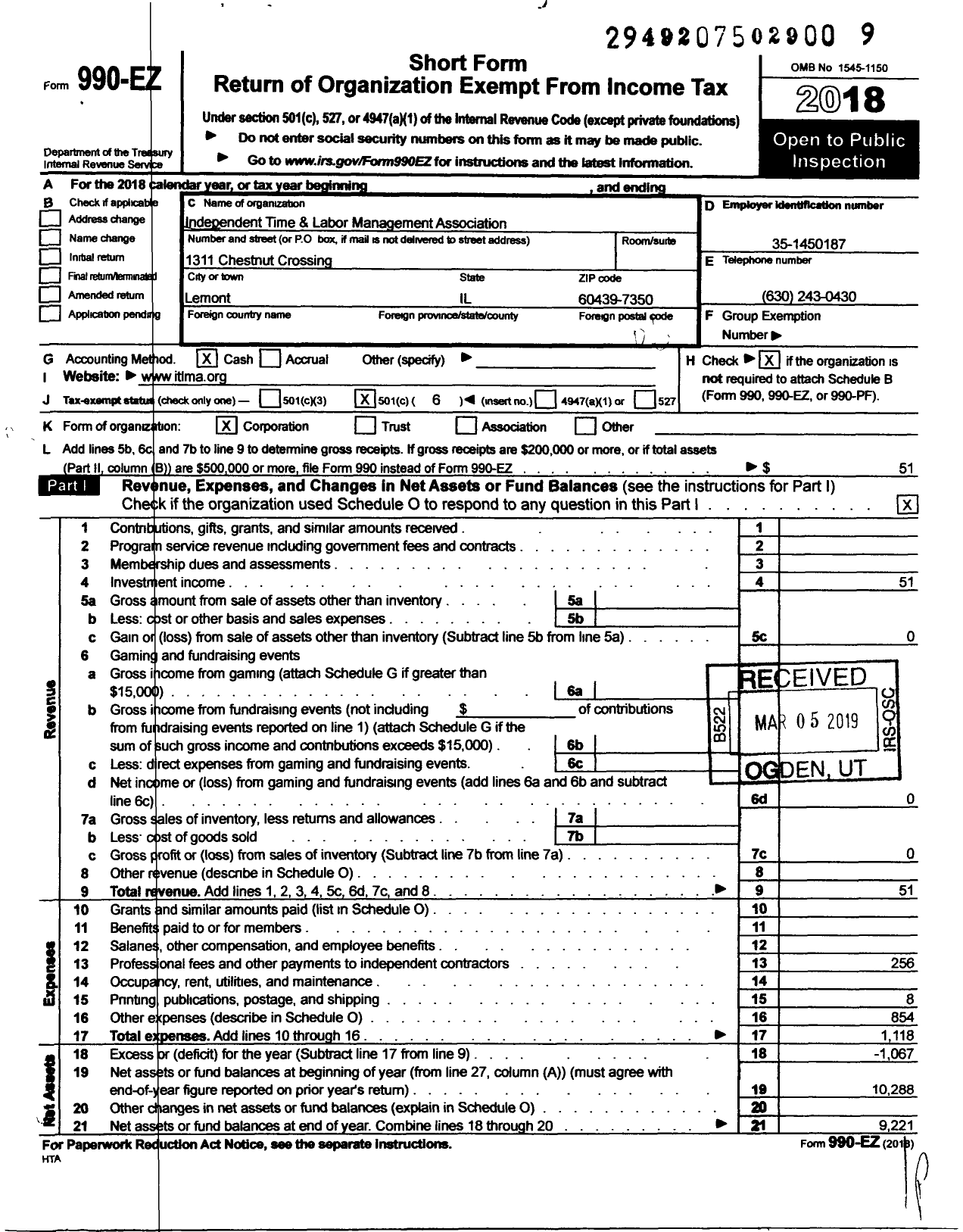 Image of first page of 2018 Form 990EO for Independent Time and Labor Management Association