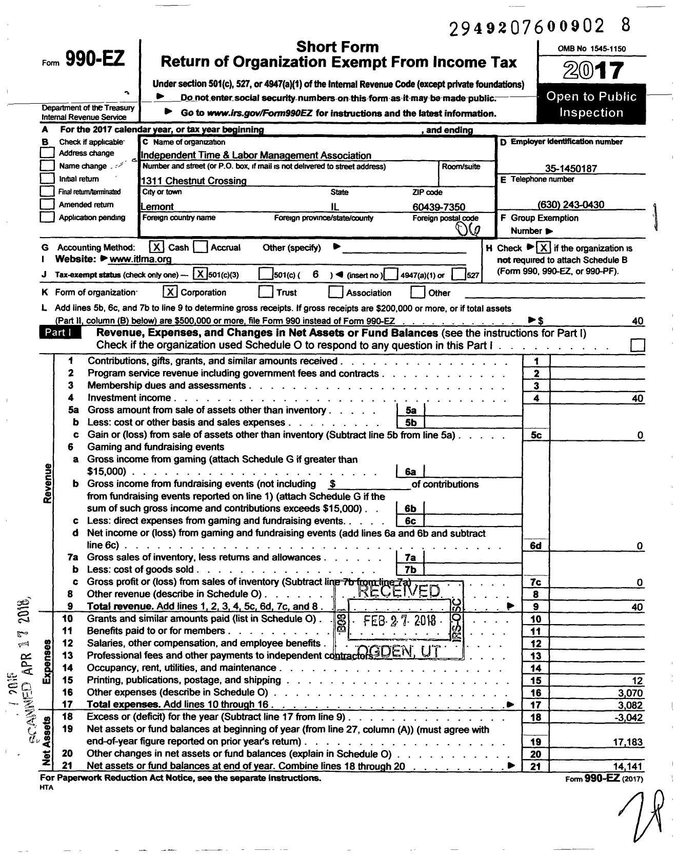 Image of first page of 2017 Form 990EO for Independent Time and Labor Management Association