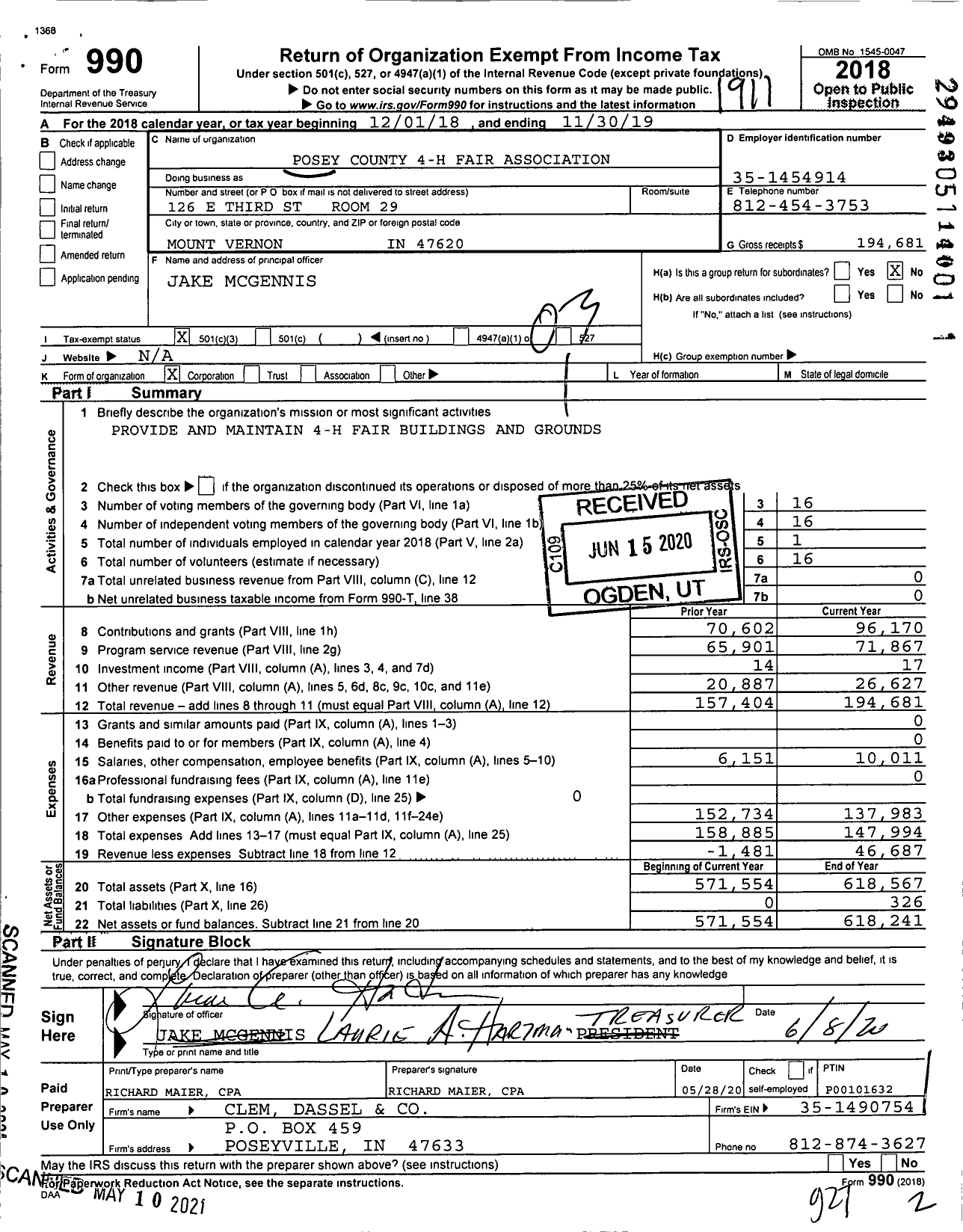 Image of first page of 2018 Form 990 for Posey County Fair Association