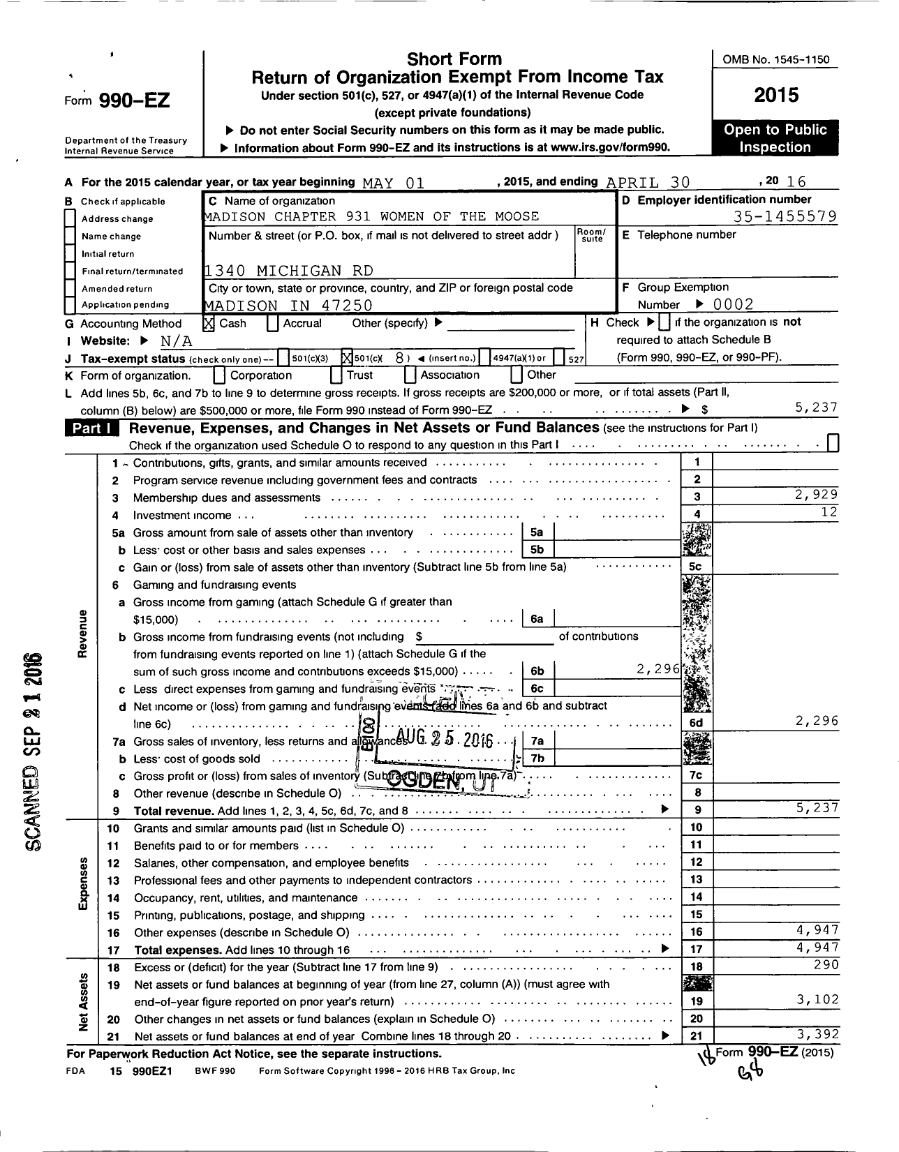 Image of first page of 2015 Form 990EO for Loyal Order of Moose - 931