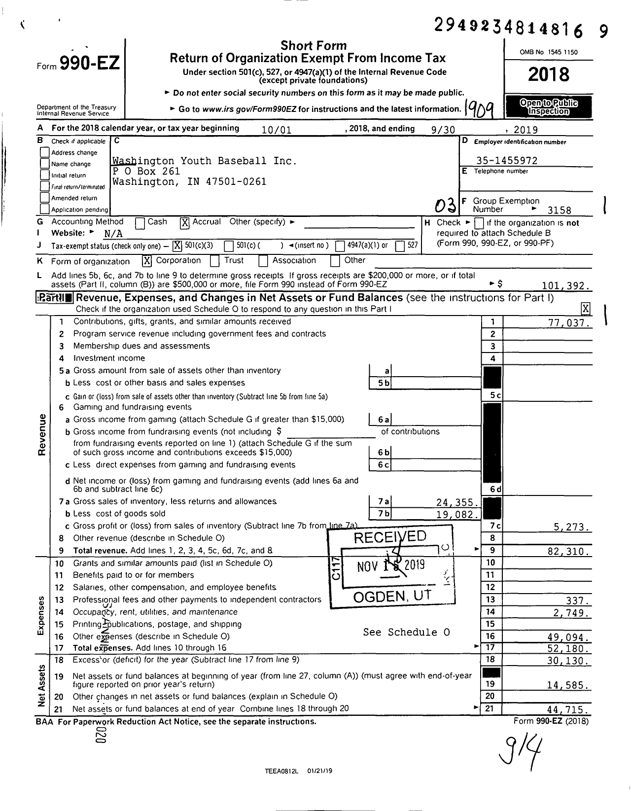 Image of first page of 2018 Form 990EZ for Little League Baseball - Washington Youth Baseball