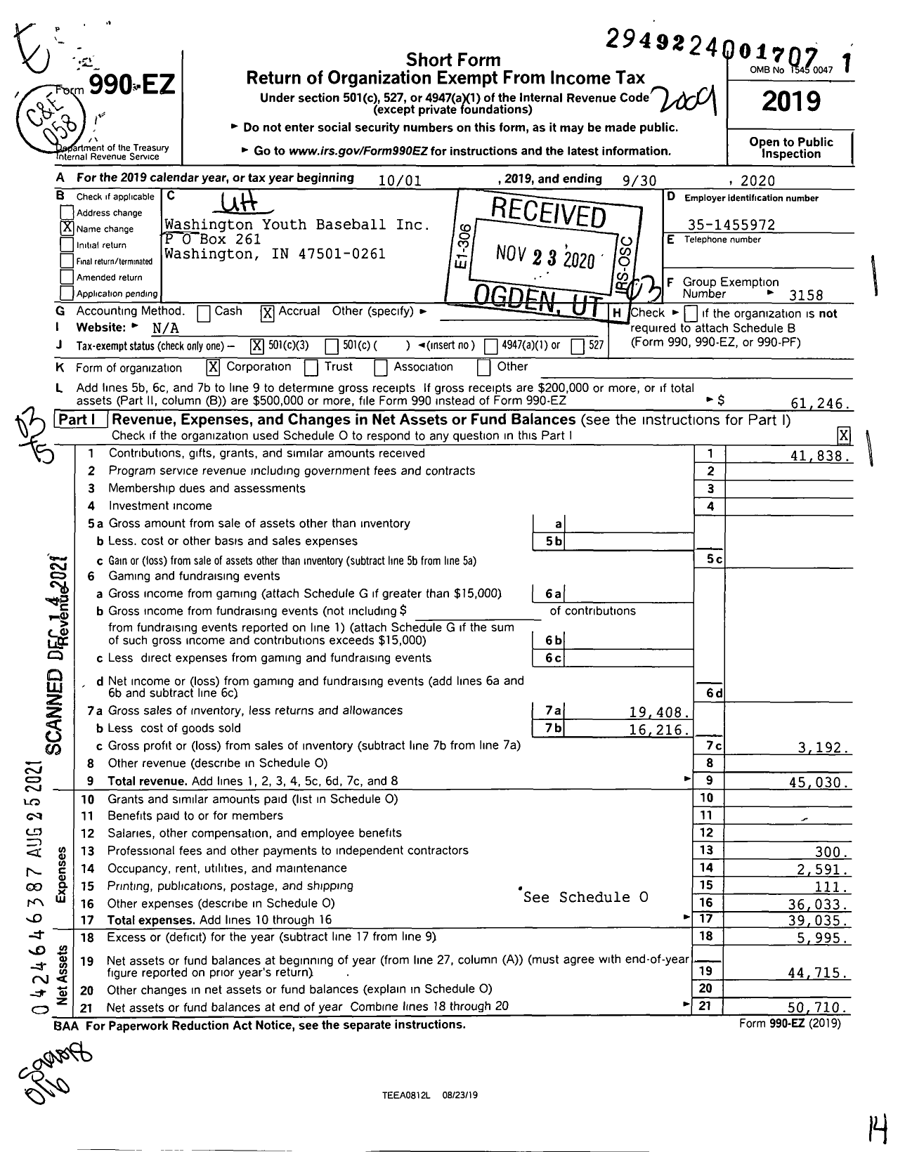 Image of first page of 2019 Form 990EZ for Little League Baseball - Washington Youth Baseball