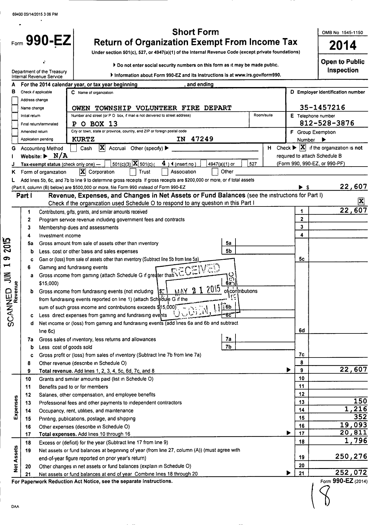 Image of first page of 2014 Form 990EO for Owen Township Volunteer Fire Dept