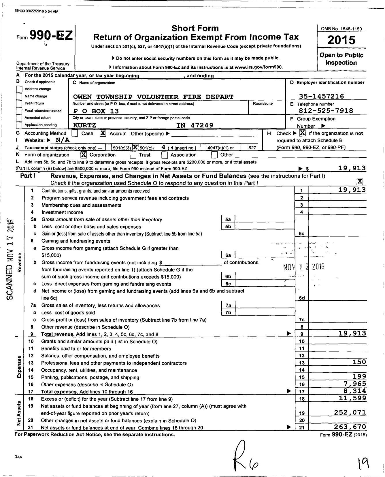 Image of first page of 2015 Form 990EO for Owen Township Volunteer Fire Dept